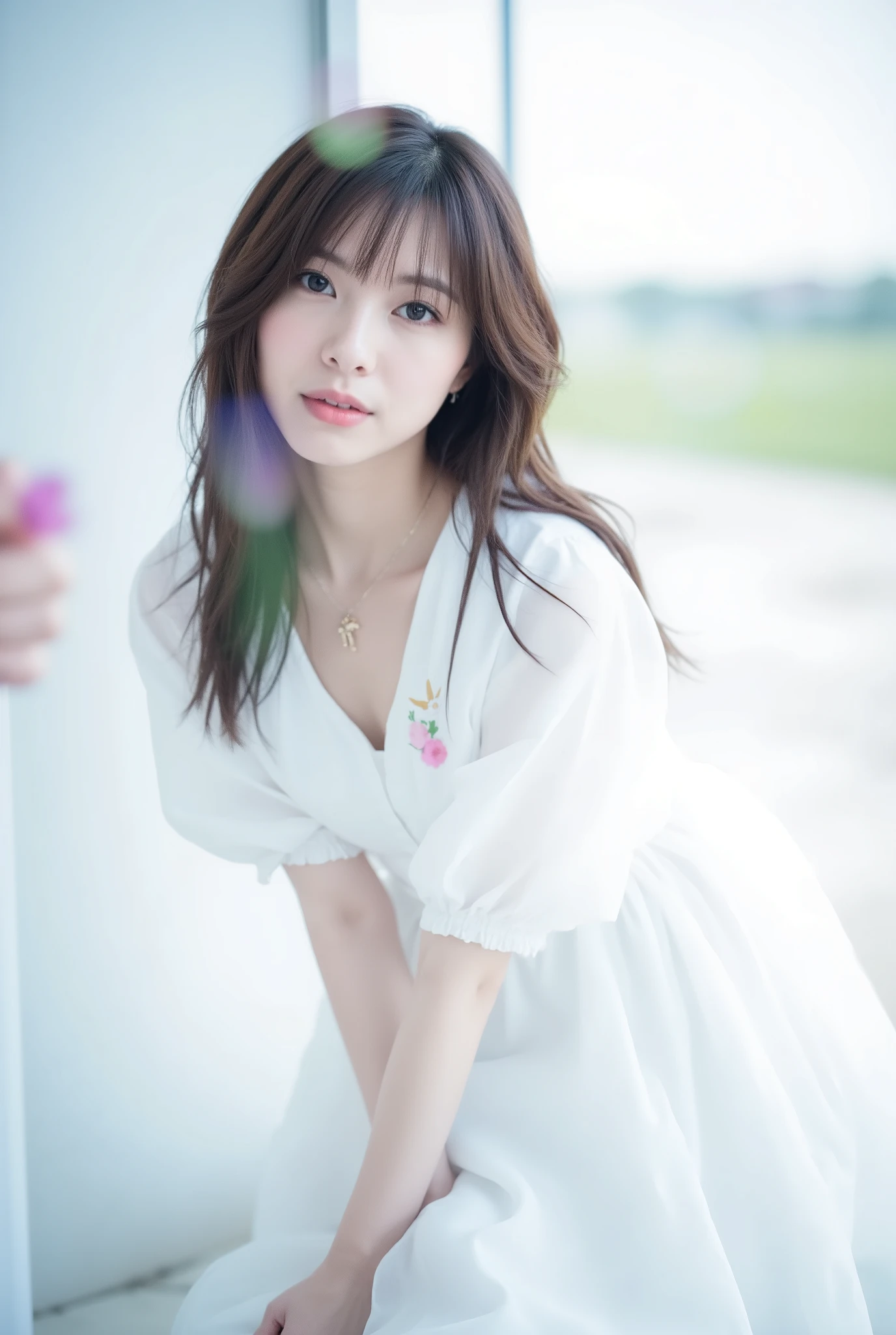 Create an image of a fair-skinned Japanese girl with medium-length straight hair stands gracefully in a 'White Cinderella' costume. The composition captures her in a knee-length pose against a blurred background that resembles a white fantasy world, with a distant horizon. Artistic light leaks and chromatic aberration enhance the ethereal atmosphere, all framed from a dynamic angle.