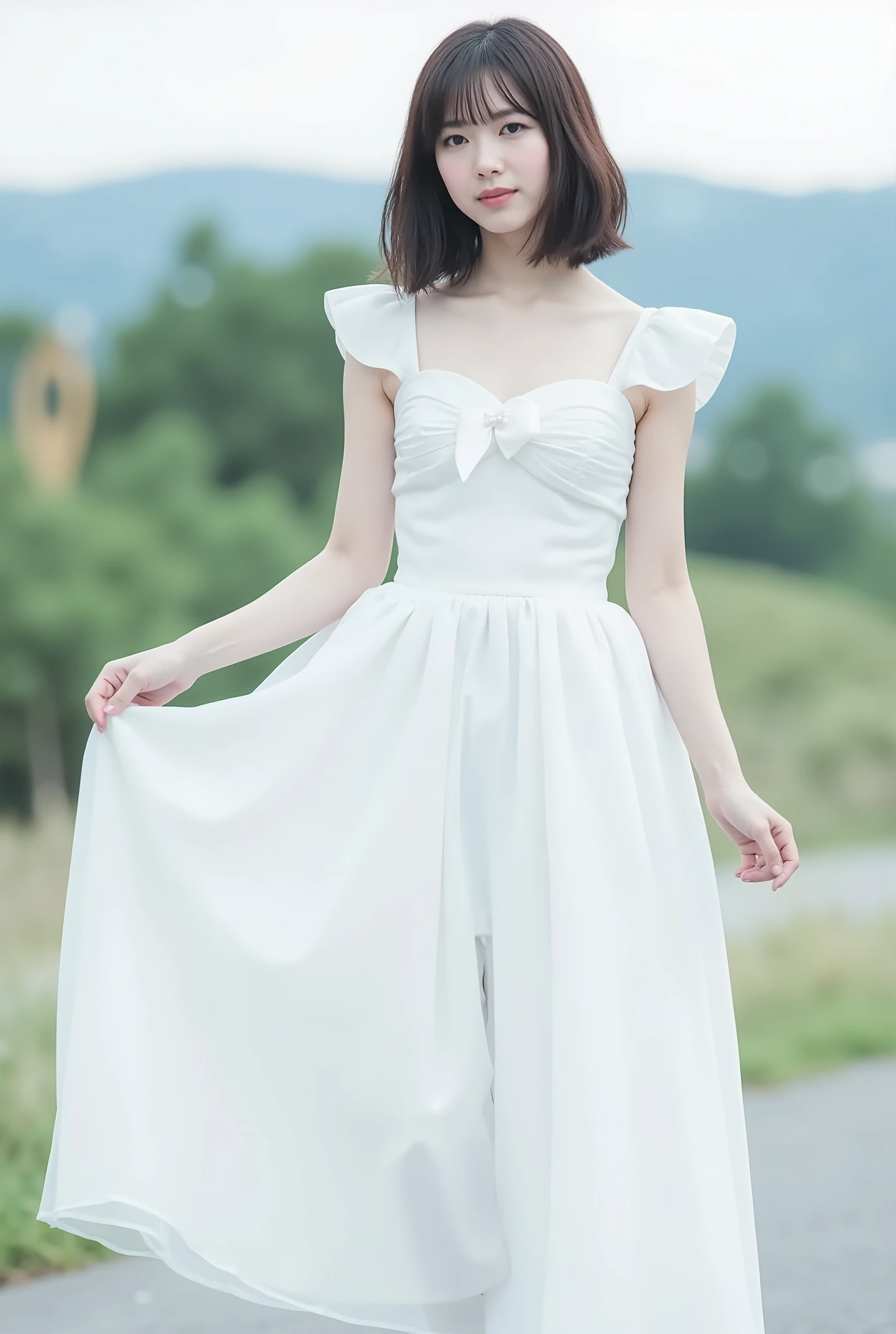 Create an image of a fair-skinned Japanese girl with medium-length straight hair stands gracefully in a 'White Cinderella' costume. The composition captures her in a knee-length pose against a blurred background that resembles a white fantasy world, with a distant horizon. Artistic light leaks and chromatic aberration enhance the ethereal atmosphere, all framed from a dynamic angle.