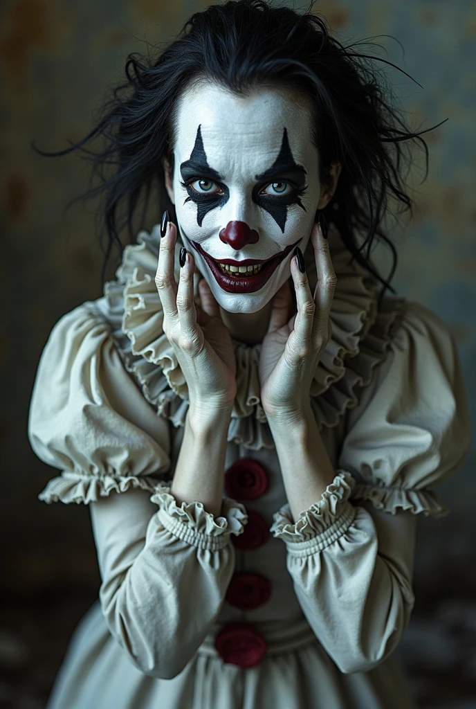 A woman with a clown&#39;s face but macabre, with both hands resting under his chin and his clown outfit extending and forming a circus tent.