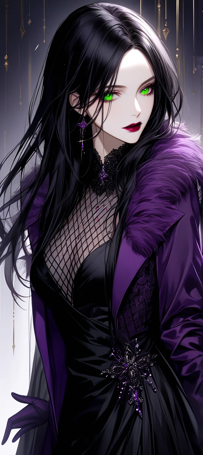 A sexy young male, black, long hair, teal blue eyes. Gothic clothes. (Male) (no facial or body hair)) masterpiece, best quality, ultra-detailed, best shadow), (detailed background) (purple and black) pretty handsome. Sexy Cute. No facial hair. No body hair. Wink. Seductive. Sexy. Pale and white skin. Smirking. Anime style. Blood. Vampire. Sexy. Death note style. Pink lips. SENSUAL. Purple and black gothic frilly clothes. Long lashes. Sexy pose. Crossing legs. Love. Shiny. Vampire Prince. Bottom angle. Seductive. Male. Bottom angle. Shiny. Long boots. Delicate facial features. 