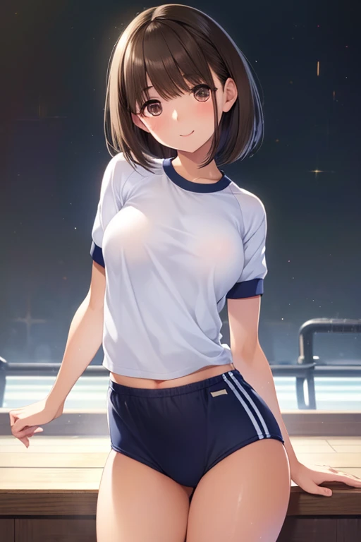muste piece、masterpiece、highest quality、Super detailed、High resolution、8K portrait、Unity 8k壁紙のHigh definitionCG、cute type little:1.5、Lori:1.5、Highly detailed CG unity 8k wallpaper、Realistic、real person、 portrait photography、shiny skin、High definition、(16 years old:1.2)、(1 girl)、beautiful clear eyes、extremely detailed description、delicate face、nice lips、slender body、small breasts 同 thin waist、thin legs、(Atlantic stadium track:1.6)、1 girl, cute type, perfect face, seriously, (blush:1.5),(brown hair bob hair:1.3),small breasts 同,((short sleeve gym clothes:1.2)),((clothes lift:1.5)), ((half nude:1.3)),((climax in vagina:1.5)),(looking at view:1.2),(from front:1.2),(hand behind leg:1.2),(spread legs:1.2)