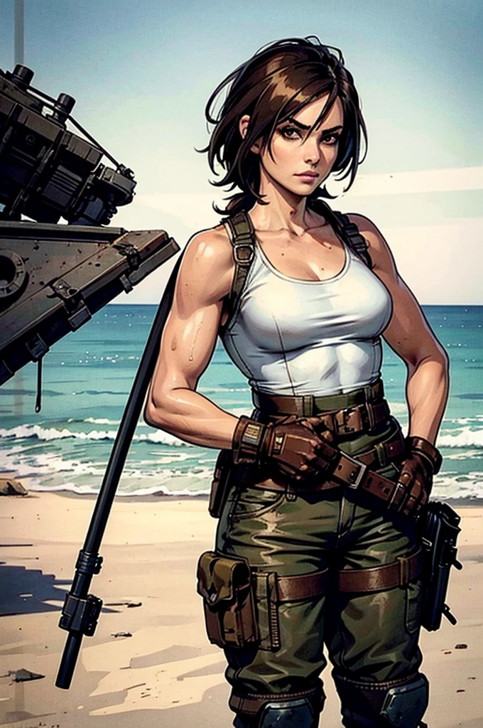 a military woman, well trained body, white sleeveless t-shirt, Exposed collarbone, beige leather shelter, blue pants, two leather belts with gun pockets, dark brown hair, carving, Brown eyes, hazel left eye, left eye with a scar, beach shore, at daytime, getting off a water boat, threatening expression looking at viewer, sparkling beach, palm trees around, In a post-apocalyptic environment, post - apocalyptic cowgirl, Post - Apocalyptic style, Post apocalyptic clothing, pose, post-apocalyptic, Postapocalyptic style, post apocalyptic grunge, Post - Apocalyptic Scavenger. (Ultra quality) 8k quality, detailed, perfect light, perfect angle, perfect sharpness. Boromey Meas
