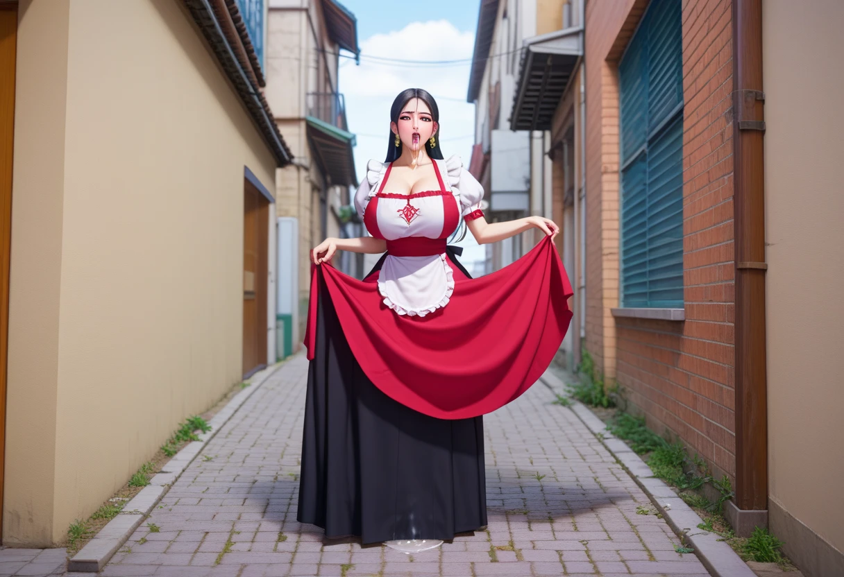 score_9, score_8_up, source_anime, 1girl, solo,The photo features a woman standing in traditional decorations. She is wearing traditional attire consisting of a red kebaya with lace trim and a long red skirt with batik or songket patterns. The woman is also wearing white high-heeled sandals, and there is a frangipani flower tucked behind her left ear. The surrounding environment has ornate decorations, likely from Bali or Java. , (bound wirsts), (arms behind back), (tapegag, tape gag), dramatic,  (looking at viewer), (detailed pupils:1.3),pencil skirt ,red rope, thick rope,big breast,long hair, black hair,