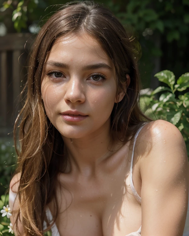 A face of ethereal beauty, where every feature is meticulously crafted by the hand of nature. Her lips, uma harmonia sol naturaza realeza e riqueza, european, white dress, freckles, makeup,eyeliner