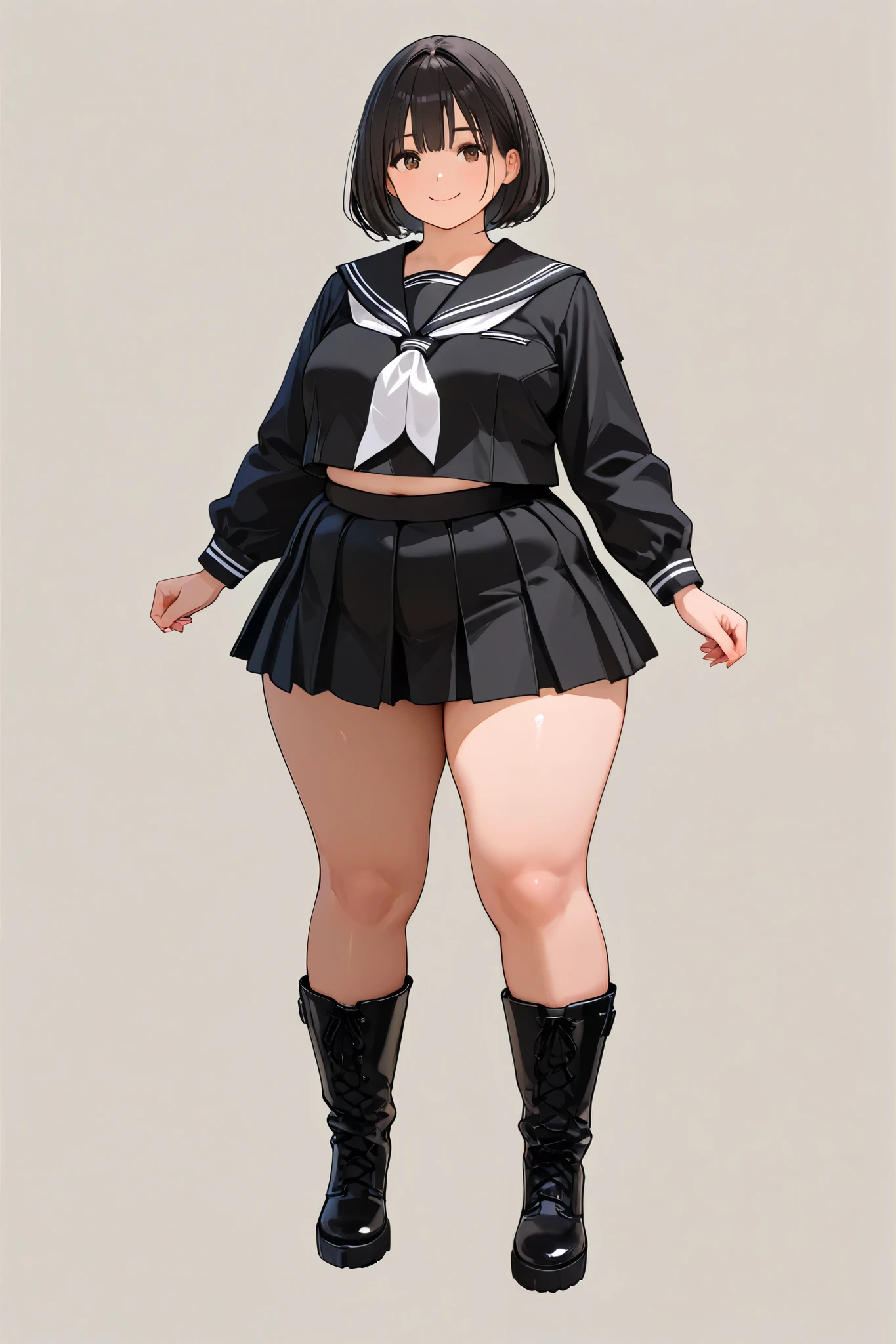 solo girl, score_9,score_8_up,score_7_up, masterpiece, best quality, highest resolution, from front, (chubby woman), (black sailor suit and skirt), wide head, thick legs, Standing, photorealistic, full body, Round face, legs apart, thin waist, big hips, plump thighs, curvaceous, simple background, white background, smile, looking at viewer, focus legs, bob, short boots,