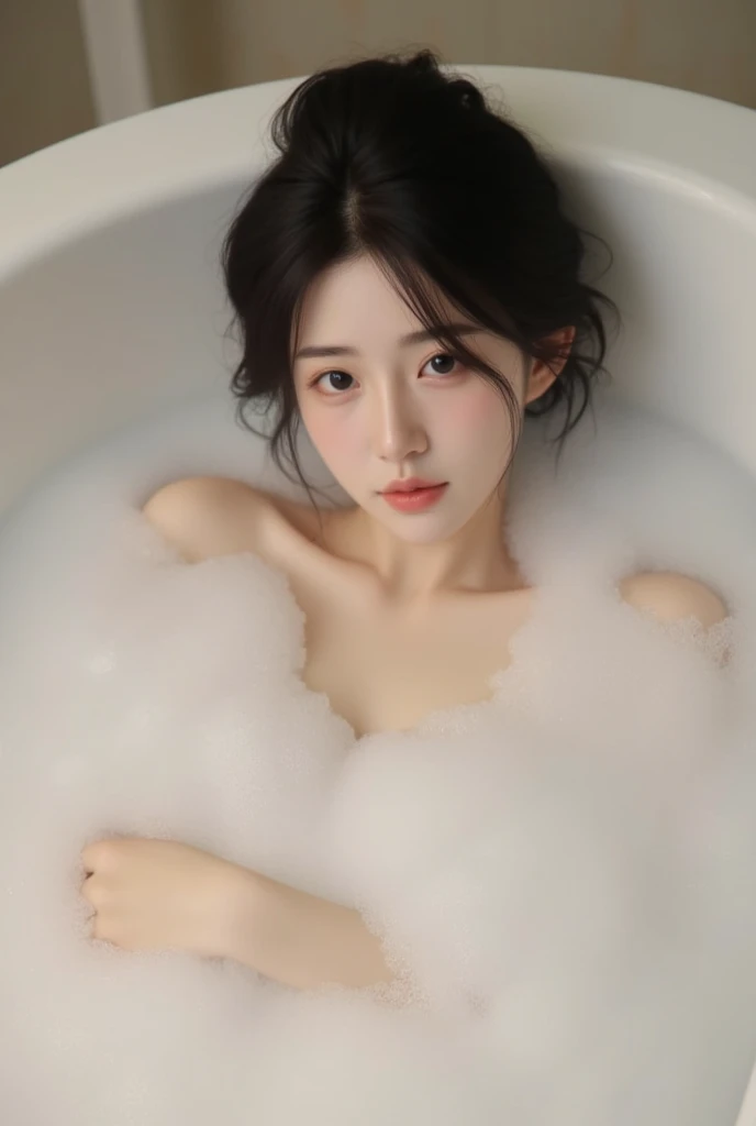 A hot young korean woman in a bubble bath tub top view 