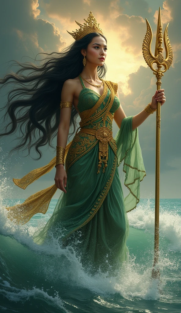 painting art of Kanjeng Ratu Kidul in a green dress with a gold belt, South Beach Queen, portrait of a beautiful goddess, goddess of Southeast Asia, goddess of love and peace, beautiful goddess, a stunning portrait of a goddess, painting of beautiful, earth goddess mythology, goddess of nature, goddess art, Indonesian goddess of wealth, female goddess, fantasy woman, goddess of beauty, wearing a small gold crown with a crystal arrangement in the middle, dark green kemben (camisole) luxurious jewelry, dark green shawl and cloth skirt batik sarong, smooth green and white, standing on blue water with waves and with a dramatic effect, surrounded by whirlpools, creating a mystical atmosphere, fractal art, bright and shining in the center with a dark background, water manipulation, intricate details, hyperrealistic, throughout body, UHD, HD, hyperdetail
