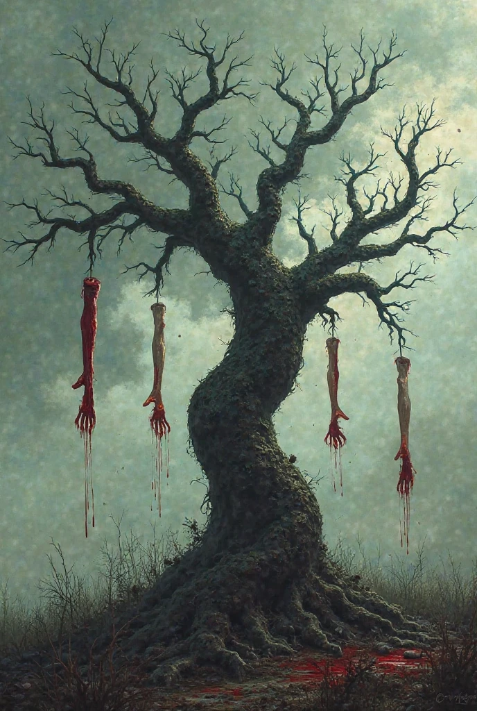 A zombie, cradled by the roots of a towering tree, becomes part of the forest itself, their flesh merging with bark and leaves.