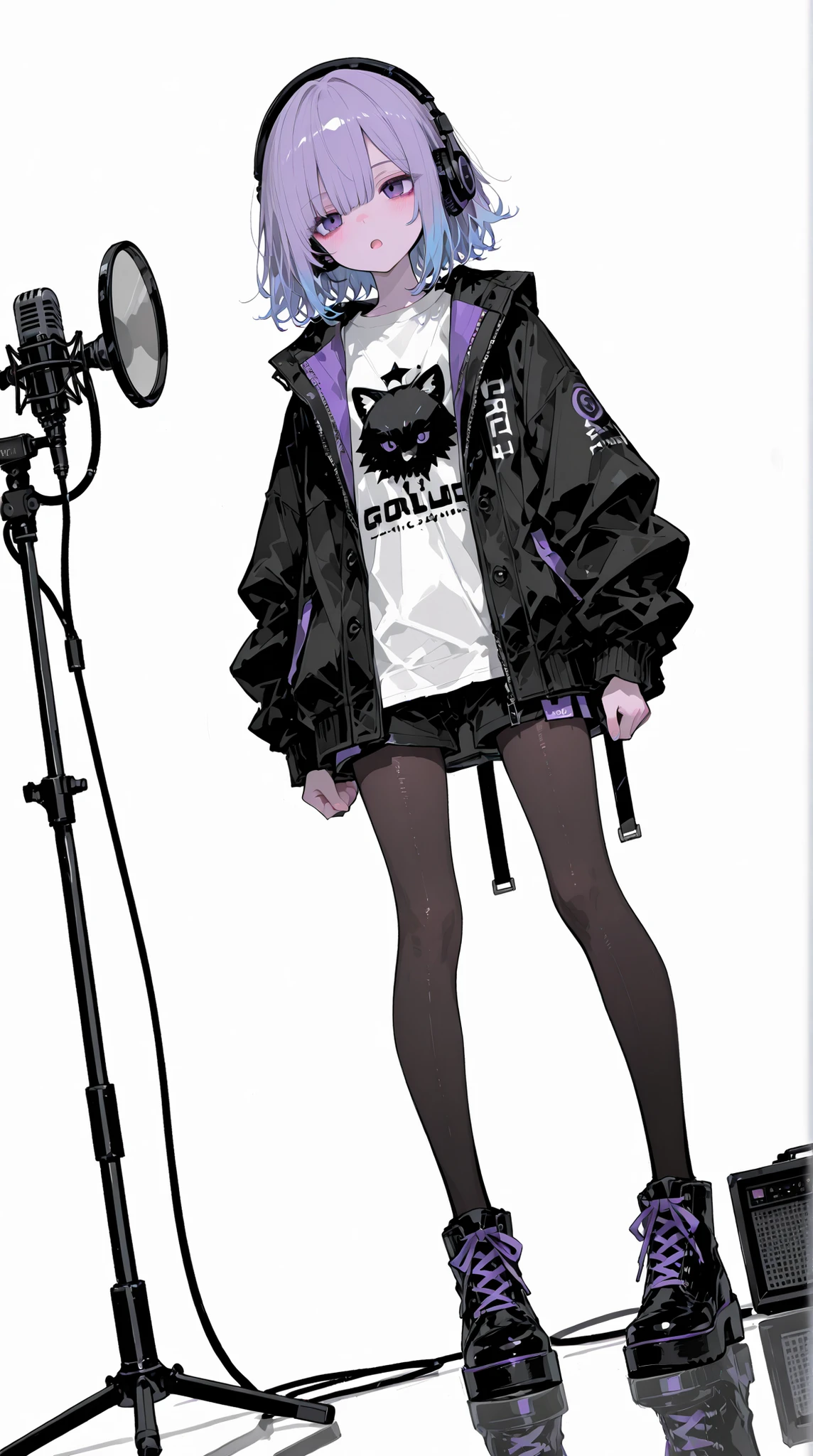 masterpiece, best quality, 4k, 8k, accurate, ultra high resolution, astonishingly beautiful, detailed_anime-style_illustration, fashion_photography, minimalist_style, young_girl, full-body_shot, eye-level_angle, medium-long_blue_hair, wavy_hair, outward_flipped_hair, slightly_messy_hair, long_bangs, bangs_falling_between_eyes, purple_eyes, half-lowered_eyelids, singing_expression, slightly_opened_mouth, focused_gaze, wearing_studio_monitor_headphones, silver_rim, thick_cushions, standing_in_front_of_large_studio_microphone_on_stand, pop_filter, both_hands_on_mic_stand, microphone_at_mouth_level, wearing_oversized_tailored_jacket, graphic_long-sleeve_t-shirt, asymmetrical_skirt_over_black_shorts, semi-sheer_black_tights, black_platform_oxford_shoes, minimalist_accessories, frontal_view, centered_composition, slight_forward_lean, balanced_proportions, negative_space, focus_on_face_and_microphone, white_background, soft_diffused_lighting, high_contrast, gentle_shadows, subtle_reflections_on_microphone, tranquil_atmosphere, monochrome_tones, soft_blues, purples, smooth_hair_gradation, highlights_in_purple_eyes, natural_skin_shading, clean_lines, painterly_shading, r17329_illu , 748cmstyle, toon (style)