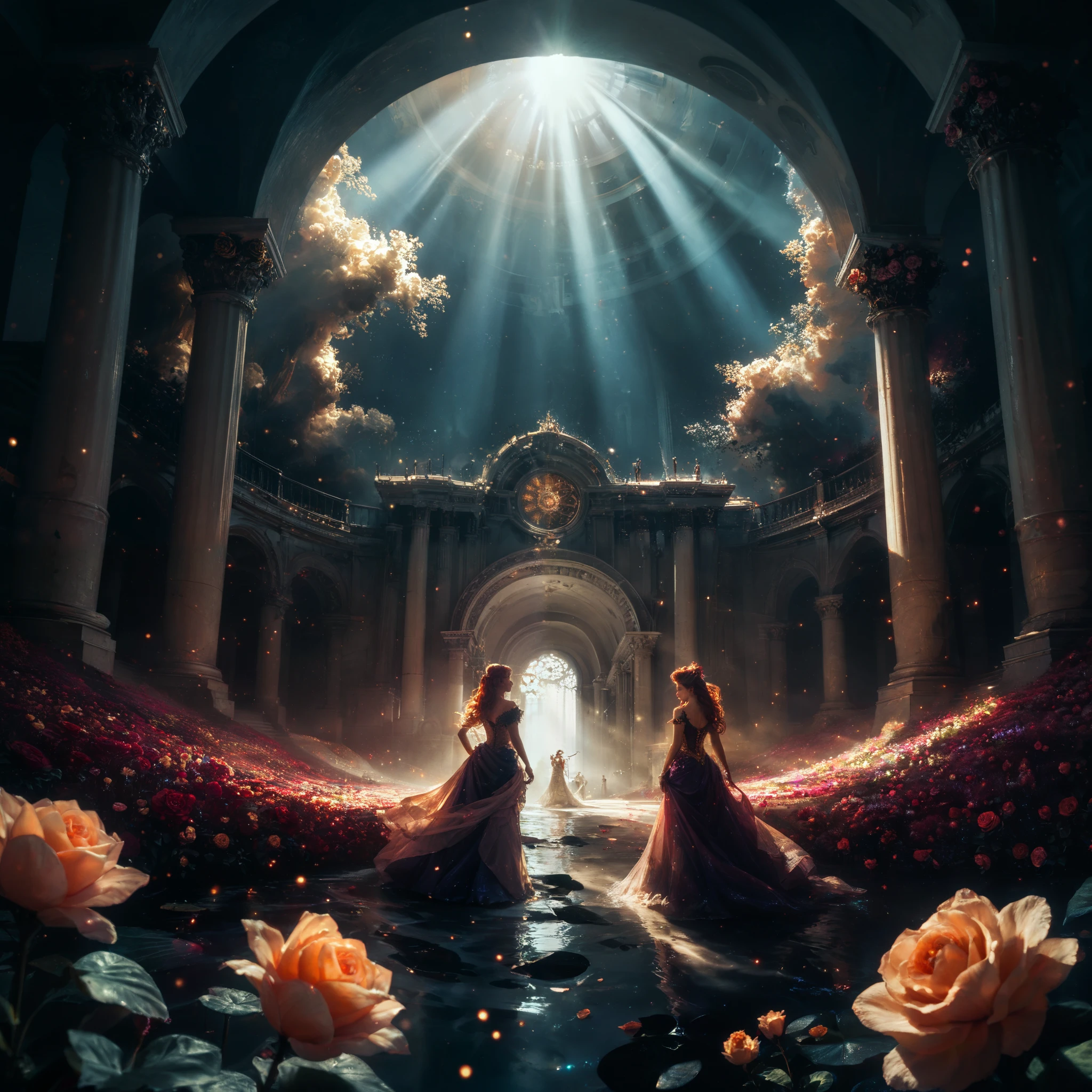 "A surreal and image, representing the duality of light and shadow in love. A central figure stands between two worlds: one side bathed in warm, golden light with blooming flowers and soft rays, the other side in cool, dark shadows with abstract shapes and faint glimmers of starlight. The figure is reaching out, their form partially dissolving into particles of light and darkness, symbolizing transformation and connection. The background blends dreamy, cosmic elements with a touch of melancholy, using a palette of gold, deep blue, and soft purple."