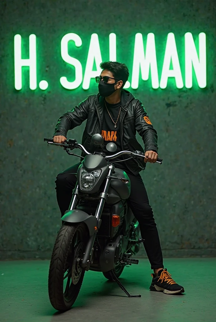 A man in El Salvador with a motorcycle possessed by Venom that on the red jacket says Lainez while driving on a street full of stones and fire from a volcano in a thunderstorm from behind while the god of thunder chases him riding a pegasus and the license plate says they all lie and Batman is in a building on the left watching him