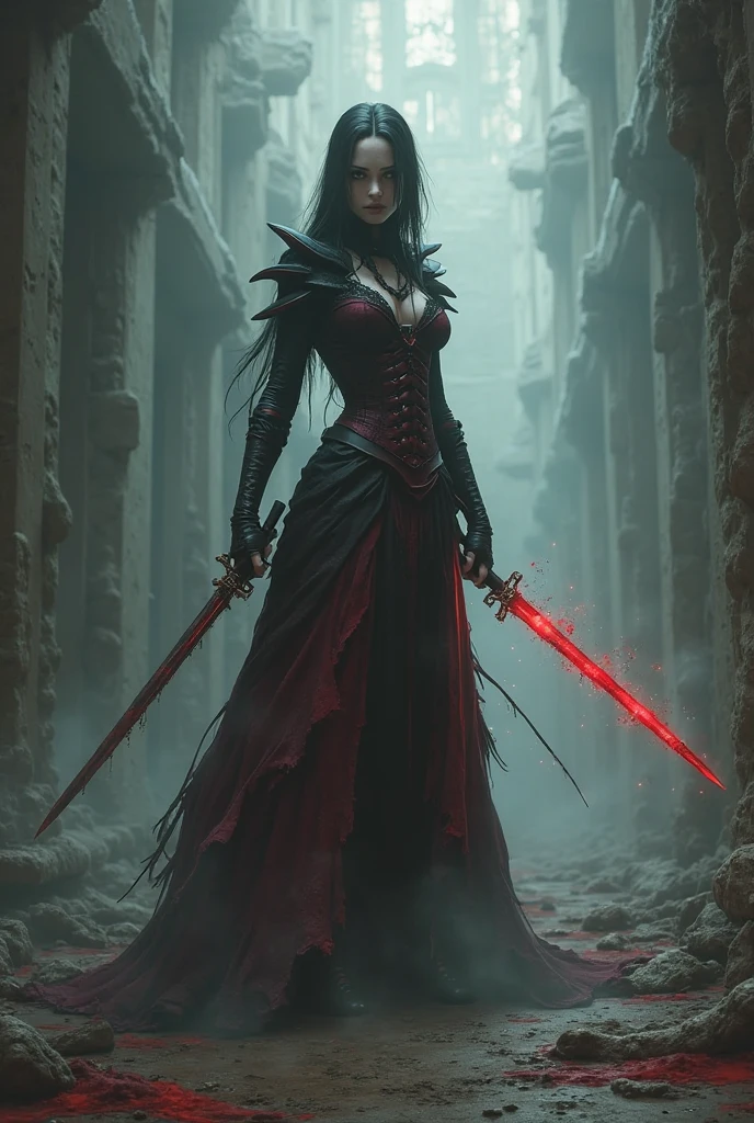 Arafed, dark fantasy art, gothic art, a picture of a vampire ready for battle, female vampire, armed with a sword, wearing heavy armor LnF, armed with a sword, shining sword, steel shines, full body, ultra detailed face (intricate detailed, Masterpiece, best quality: 1.4), pale skin, gloeing eyes, red eyes, ultra feminine, pale skin, dynamic hair, dark fantasy urban street (intricate detailed, Masterpiece, best quality: 1.4), moon light, star light, clouds, Wide-Angle, Ultra-Wide Angle, high details, best quality, highres, 1080P, 8k, anatomically correct