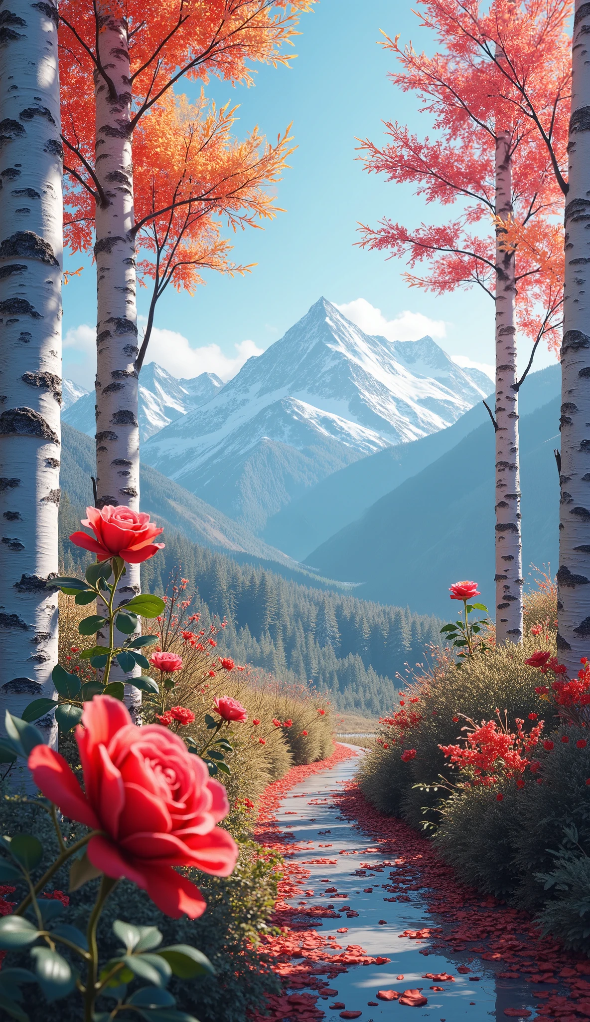 high image quality画像では(Extremely Attractive veCG Unity 8k wallpaper),Images of white birch groves, colorful images ,Award-Winning Photos,Color Difference, other,high image quality,Red rose in full bloom, high-resolution flowers popular on ArtStation々、attractive images that have become a hot topic、Distant snowy mountain background。
