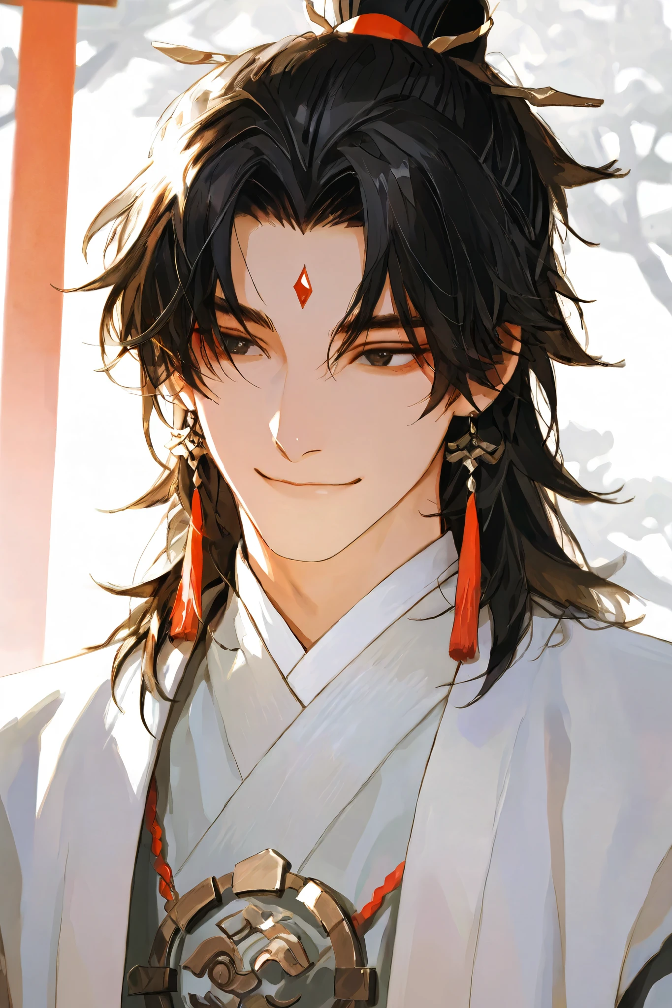 male in his 30s black hair Chinese Style bust up smile
