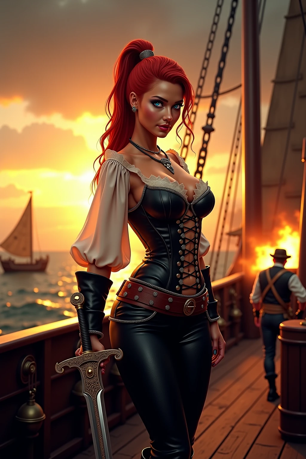 (dynamic lighting), (realism), (realistic)), (depth of field), (UHD), (32k), (Mastepiece), (highres, high resolution), (Advanced facial details), (shiny skin), (photorealistic), (dslr), (soft lighting), (high quality), (clearly face), ((full body shot:1.5)), (finely detailed face), (top quality), (Best Quality), (good quality:1.2), (Ultra detailed:1.2), (ultra detailed face:1.2), (ultra detailed body:1.2), young girl with old pistole, red hair, (white pirate dress:1.2), black ship, night, battlefield, fire in the background,
