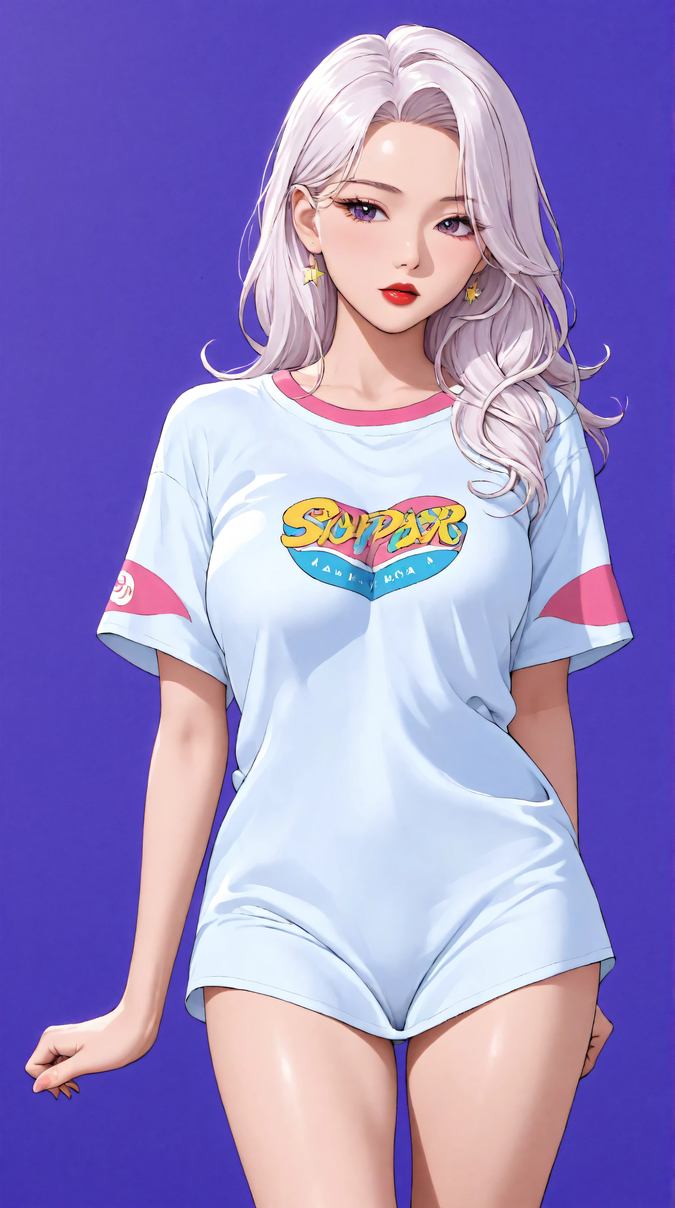style retro classic, illustrated anime, A beautiful korean girl with white hair, big purple eyes, red lips, big breasts, and very pronounced cleavage stands facing viewer, kpop superstar, (ulzzang), manga, anime, no background, purple background, blue background, edgy graphic design background, shiny skin,