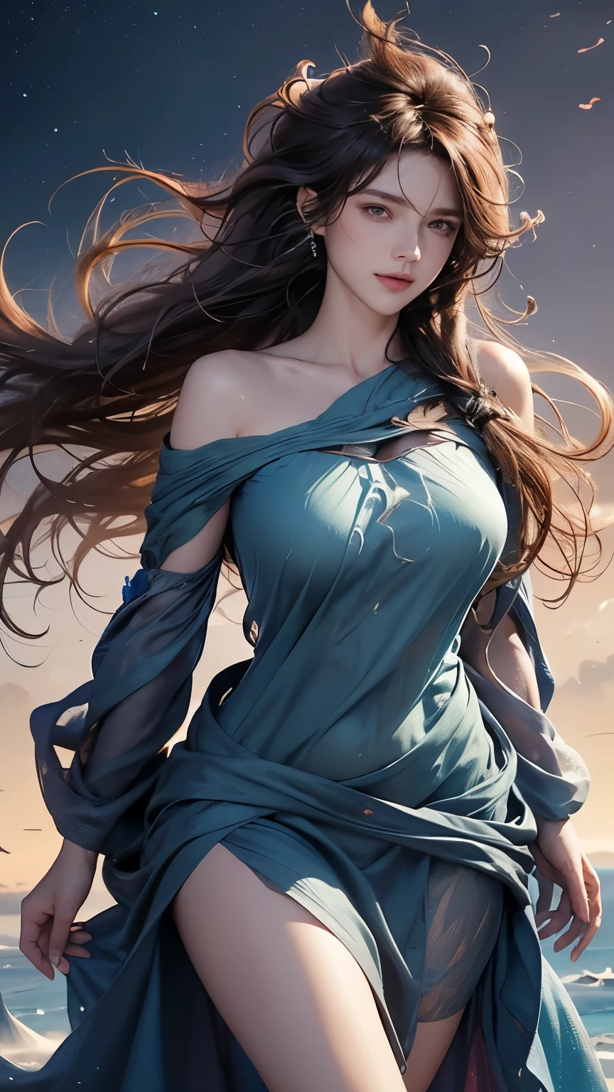 Young goddess, ((Her clothes are all flipping up by extremely strong wind):1.6), (wearing robe, tiara, necklace), (in the nordic nature), revealing panty, (laughing), (cinematic lighting, surrealism, god rays), (masterpiece, 8K highest resolution), wide view,