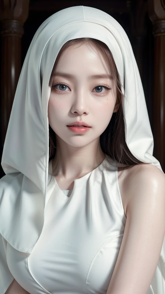 there is a woman in a white robe and a white hat, wearing white silk hood, pale snow white skin, pale young ghost girl, pale milky white porcelain skin, pale porcelain white skin, wearing white silk, glowing white face, wearing a luxurious silk cloak, porcelain white skin, pale white face, ulzzang, sakimichan frank franzzeta