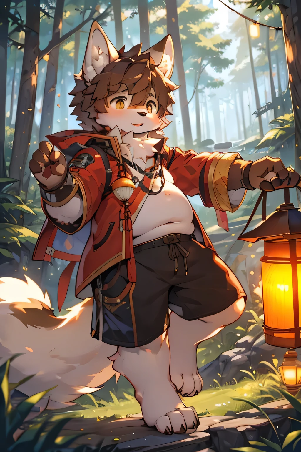White wolf teenager boy，Brown hair，belly，lie，Black loincloth with drawstring，，environment，forest，Lanterns，front，Vertical photo， Two Legs，Two arms，Chinese style lamp，warm color，Adventure，future technology，high tech，Lanterns，High tech equipment，jacket，High Tech Pistol