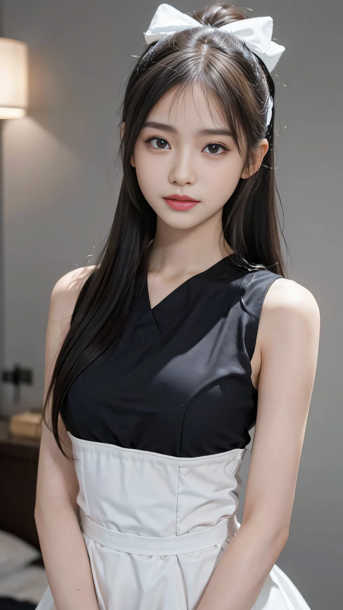 Quiet, light makeup, collarbone, neat long hair, black hair, delicate face, delicate features, natural expression, natural eyes, blue striped vest, white stockings, full chest, crop, crop.