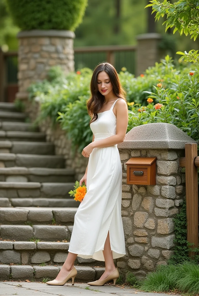 woman, view the viewer, French braided hair , flower halter dress, cleavage, Garden landscape design, (rim-light)