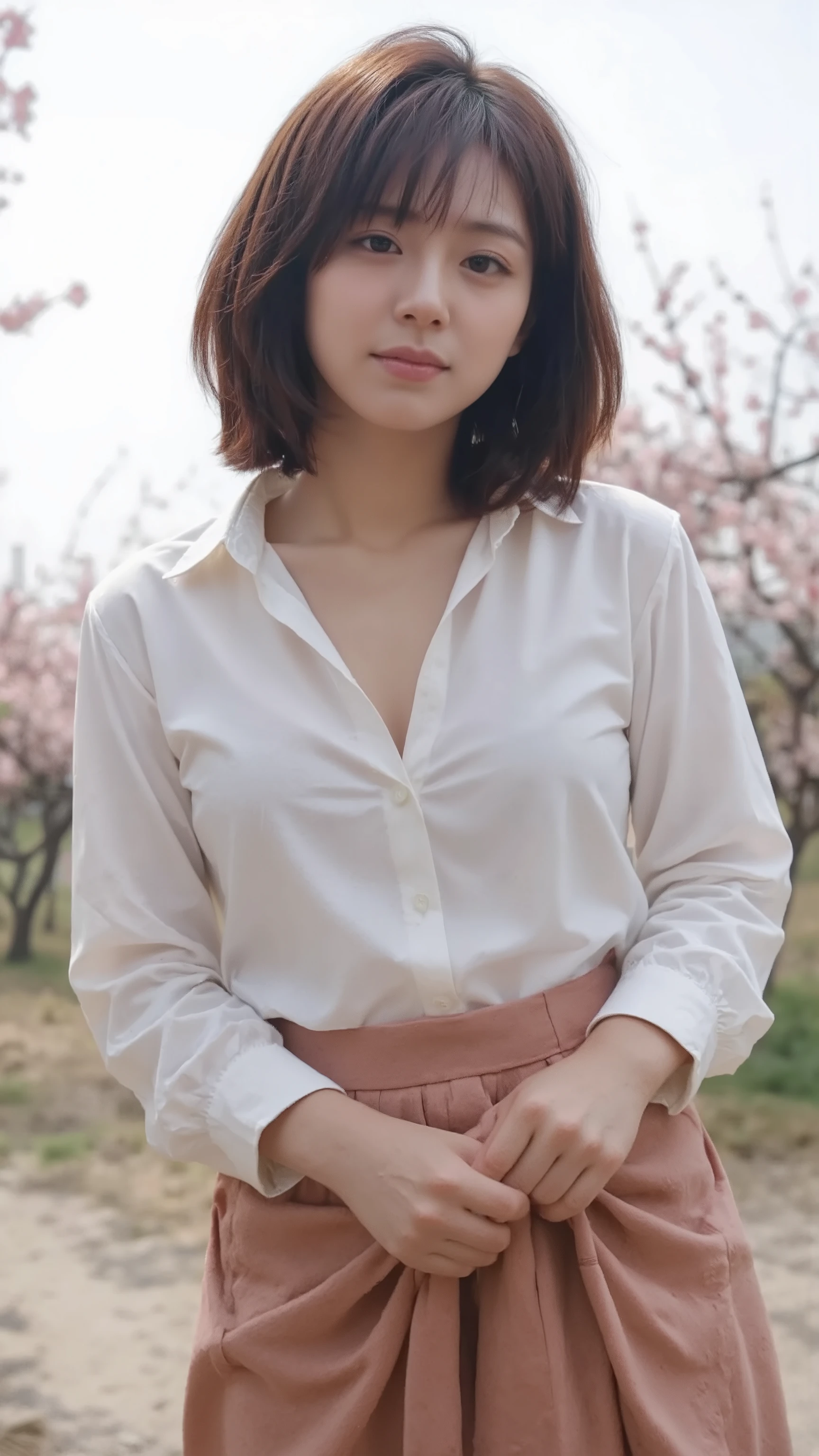 (realistic、as shown in the picture、live-action、8k, Photorealistic)、( cherry blossoms in full bloom:1.3)、(pink lace up sexy flare mini dress、The skirt rolled up in the wind and the pure white panties were visible:1.5、Big breasts stand out:1.4、clothes that fit the body、Big Breasts:1.5、 beautiful leg line、((Very short hair with pink inner color:1.1))、Japanese Smiling Gal、during the daytime:1.5、(Standing by a cherry blossom tree、 cherry blossoms in full bloom、Cherry Blossom and Blue Sky Collaboration）、(( view from below、 composition from the ground:1.1))、Accurate depiction of people based on anatomy