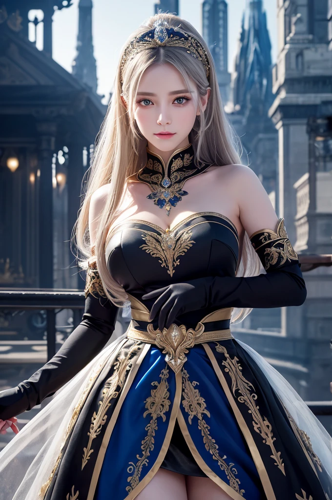 A high-quality depiction of an ice princess in a realistic animation style with a slight anime and watercolor feel. The elegant woman is wearing a dress adorned with blue sapphires. She has long, beautifully styled blonde hair in a braid that is smooth like silk, and she wears a silver sparkling tiara. Her expression is gentle and captivating. She is wearing high heels in blue sapphire color and lace gloves that are slightly sheer, covering her hands and arms. The background is white. The image is slightly stylized, with intricate details and high-quality resolution.
