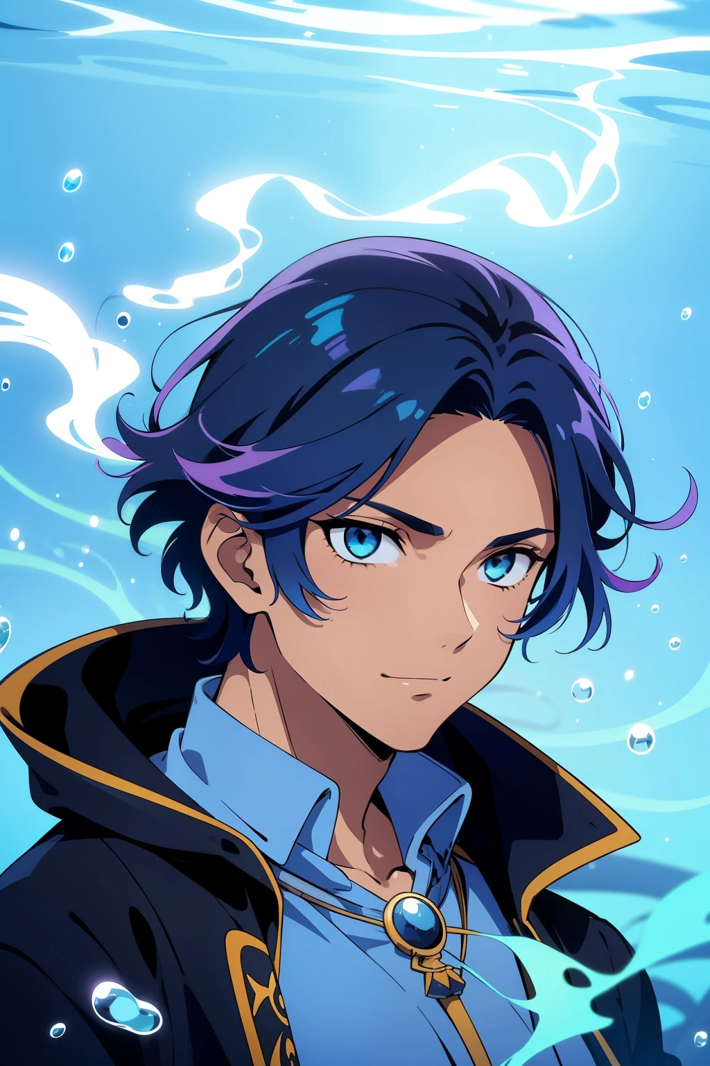 (high-quality, breathtaking),(expressive eyes, perfect face) 1boy, male, solo, ager, Symmetrical Eyes, portrait, gradient hair color, floating hair, levitating hair, underwater, blue eye color, long hair length, positive expression, charming smile, shirt, hooded jacket, modern attire, adventurer profession, glow hair, multicolored hair, masculine face, masculine eyes, narrow eyes, upperbody, water, smoke like hair, hair like Eris sinbad, dark tanned skin, slightly brown skin color