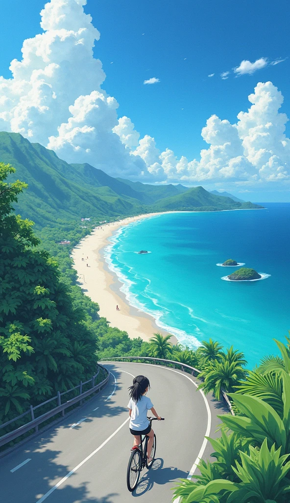 Ultra-realistic capture, Highly detailed, A breathtaking coastal road on a remote Okinawan island, overlooking the emerald blue sea.
Lush tropical vegetation, white sandy beaches, and small islands in the distance.
A young girl rides a bicycle down the winding road, wearing a white T-shirt and black shorts.
A bright blue sky with fluffy white clouds, the sun reflecting on the sparkling ocean.
A dreamy, Studio Ghibli-like atmosphere, highly detailed, cinematic composition.