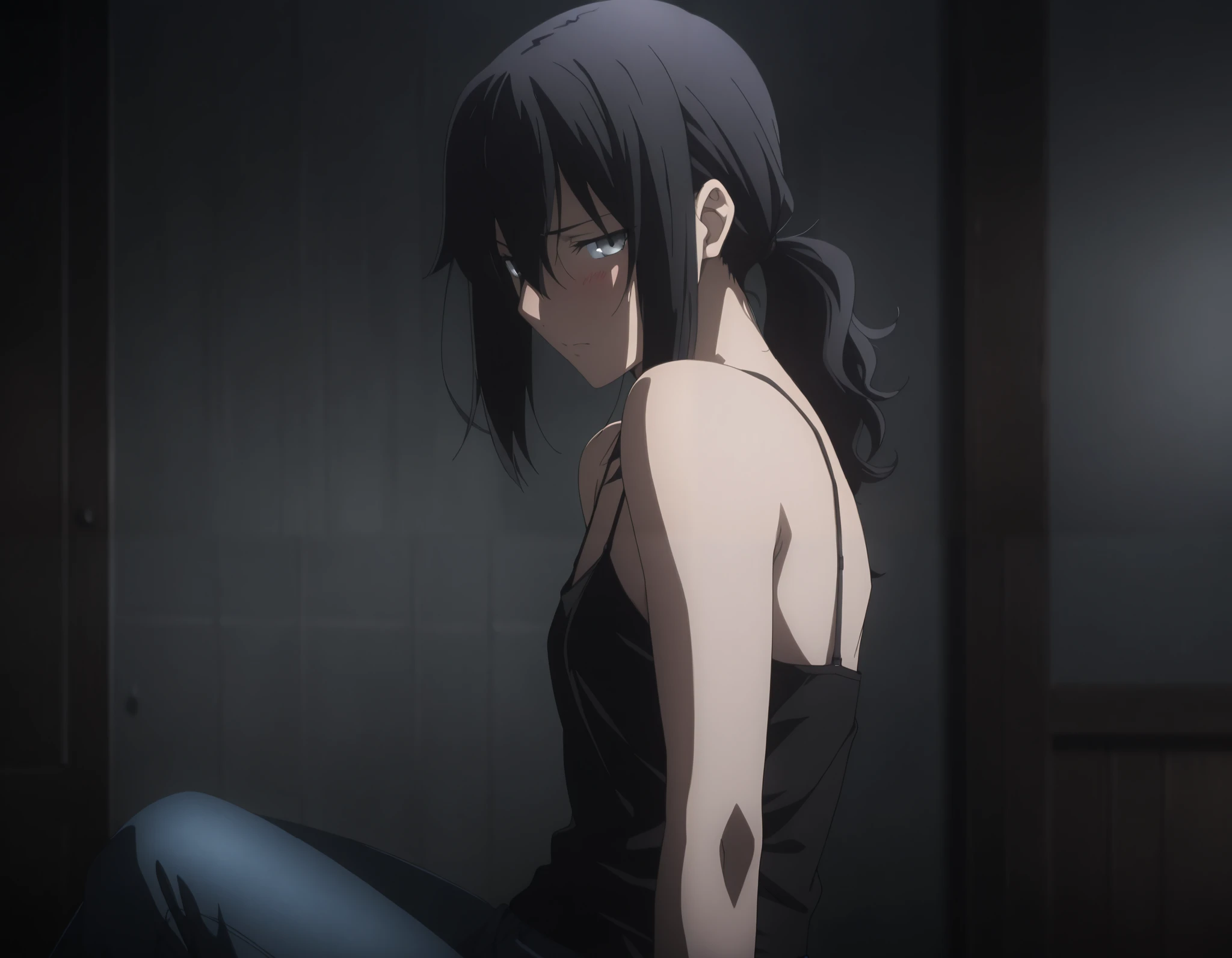 masterpiece, best quality, amazing quality, highres, absurdres, very aesthetic, high resolution, ultra detailed, perfect details, midnight, ,indoors, (upper body), ufotable style, dark room,, (from side), ,
1girl, solo, ufotable style, anime style, (anime coloring:1.5), (anime screencap:1.2) ,(aged up:1.4),
girl, mature, ToukoAozaki,, slim body, slender body, ,Fate Grand Order, fate, Fate Grand Order, medium hair, (straight hair, low ponytail), light gray eyes, half eyes closed, black hair, on side, (undress black camisole), denim pants, (small breast, flat chest), (looking at viewer), embarrassed, blush,