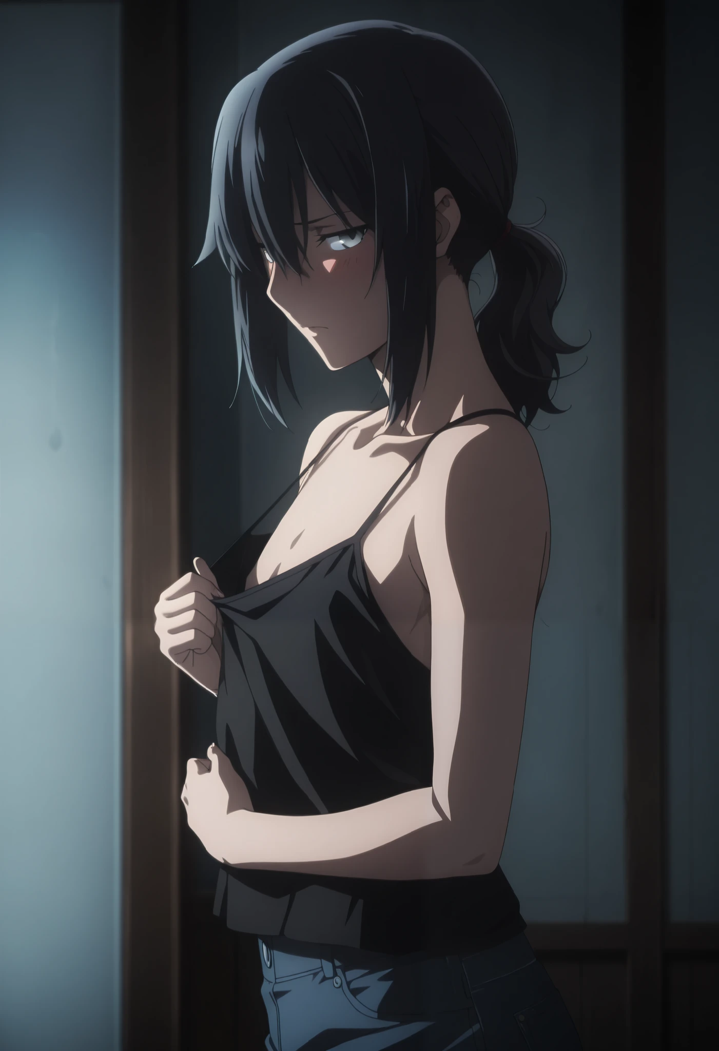 masterpiece,best quality,high resolution,8k,ultra HD,wallpaper,illustration,perfect face,cowboy shot,beautiful detailed eyes,extremely detailed face,perfect lighting,extremely detailed CG,perfect hands,perfect anatomy,perfect body,perfect hands,perfect fingers,1woman,full body,megami magazine,(muscle fighter:1.1),black medium ponytail hair,green eyes,large breasts,Medium ass,medium nipples,white tube top,black short hot pants,clothed,,collarbone,,looking at viewer,sexy look  pose,Steam,Wet,sweat,home,girl trembling with sexual climax,spread pussy,orgasm,Climax from pussy,masterbation,
