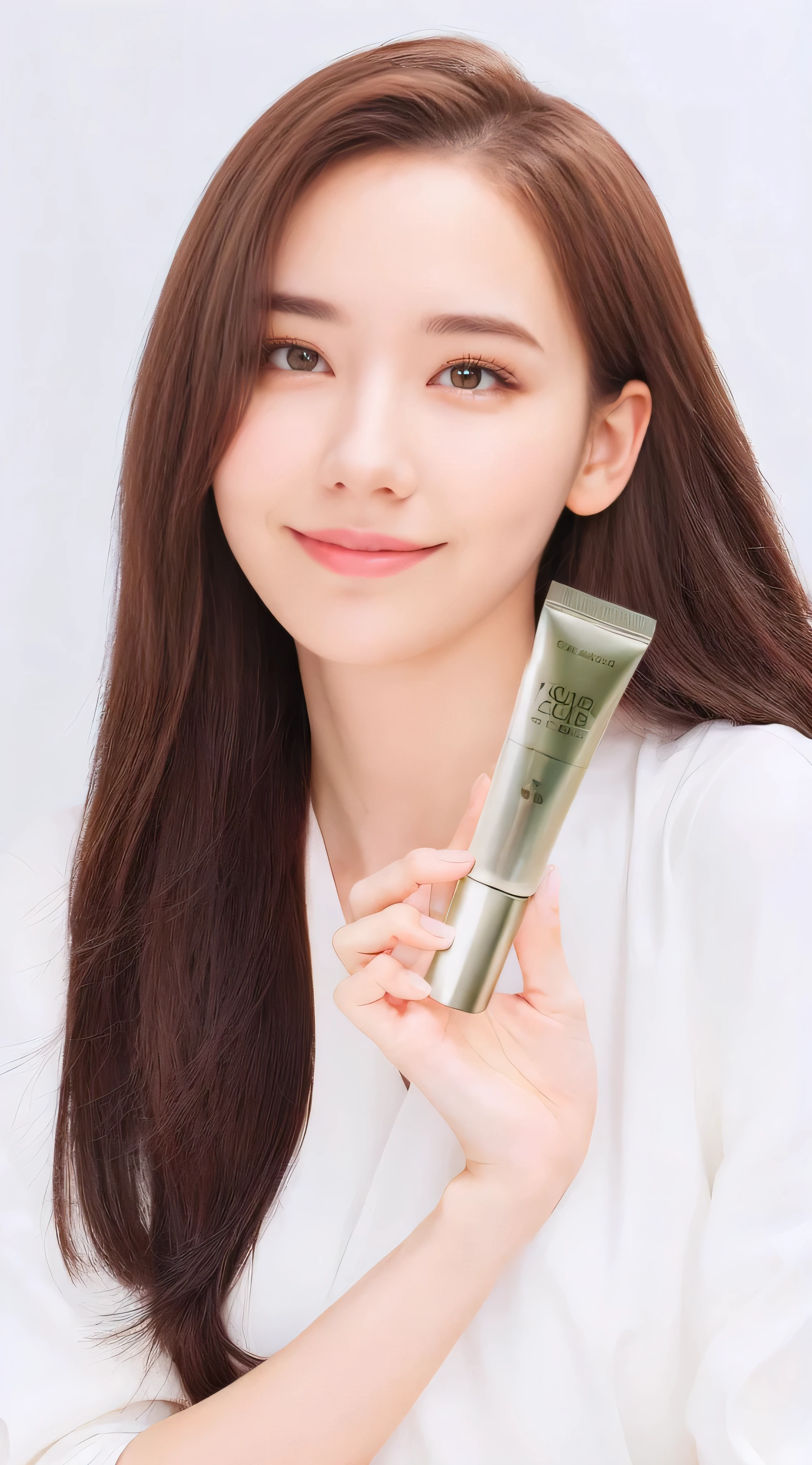 (((masterpiece))),((bestquality)),8k,high detailed,ultra-detailed, arafed woman holding a tube of cream and a tube of cream, popular south korean makeup, popular korean makeup, jaeyeon nam, jinyoung shin, with shiny skin, innocent look, heonhwa choe, detailed image, smooth glowing skin, smooth porcelain skin, shiny glossy skin, shin jeongho, ji-min, milky white skin, slight glow. Look at the photographer, Long eyelashes, high detailed eyelashes, Realistic eyes, Black eyes, Natural smile, Natural Makeup, Glossy lips.