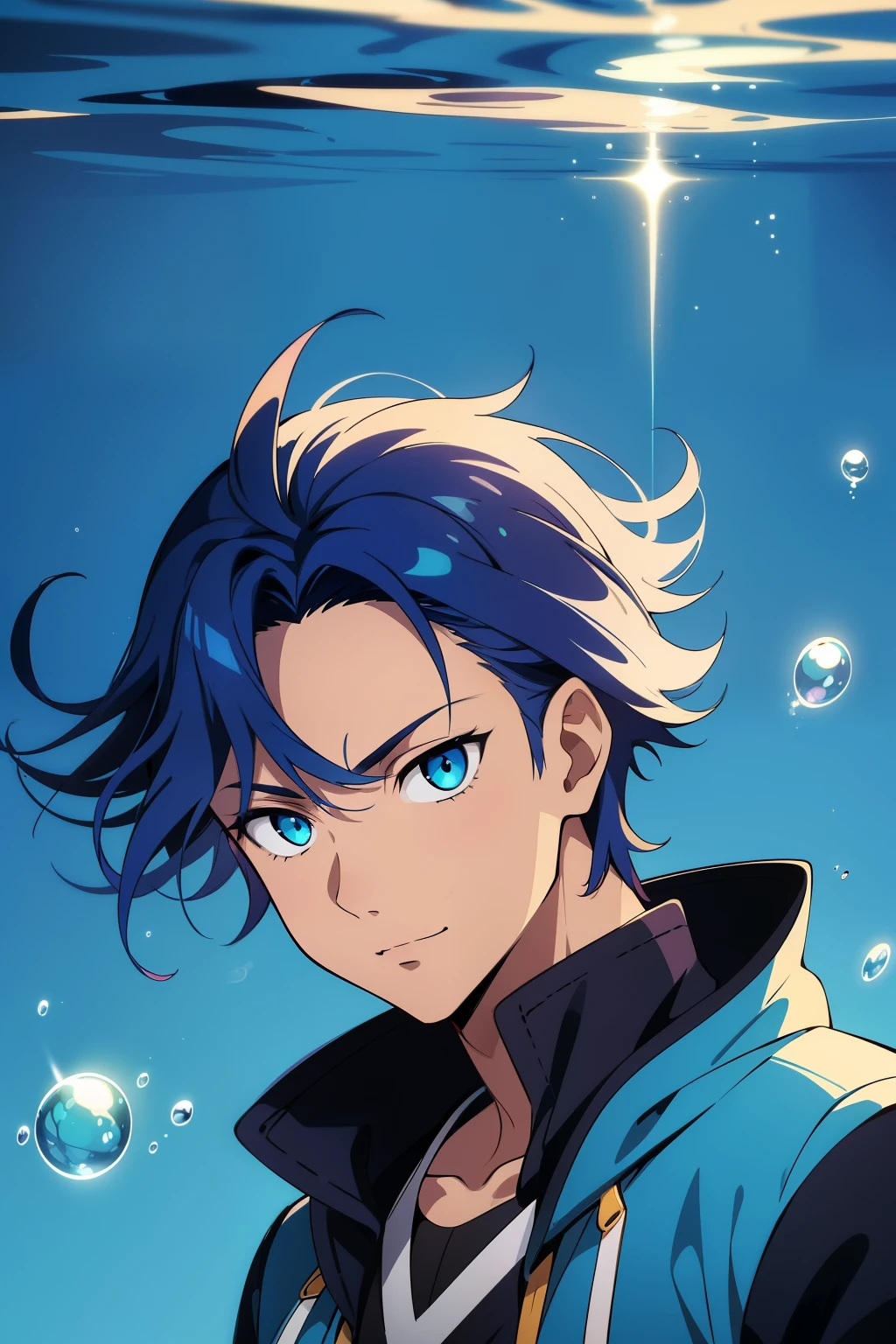 (high-quality, breathtaking),(expressive eyes, perfect face) 1boy, male, solo, ager, Symmetrical Eyes, portrait, gradient hair color, floating hair, levitating hair, underwater, blue eye color, long hair length, positive expression, charming smile, shirt, hooded jacket, modern attire, adventurer profession, glow hair, multicolored hair, masculine face, masculine eyes, narrow eyes, upperbody, water, smoke like hair, hair like Eris sinbad, dark tanned skin, slightly brown skin color