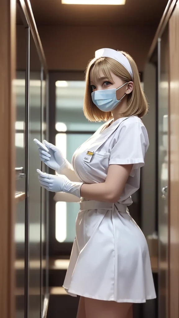 score_9,  score_8_up, score_7_up, source_anime, masterpiece, highest quality, kasuganoray, pale skin, long hair, shy eyes, big breasts, surgical mask, surgical cap, long sleeve maternity dress, seamless, 
1 girl, pregnant, solo, rubber gloves, frown,  standing, in one hospital, hospital bed, 