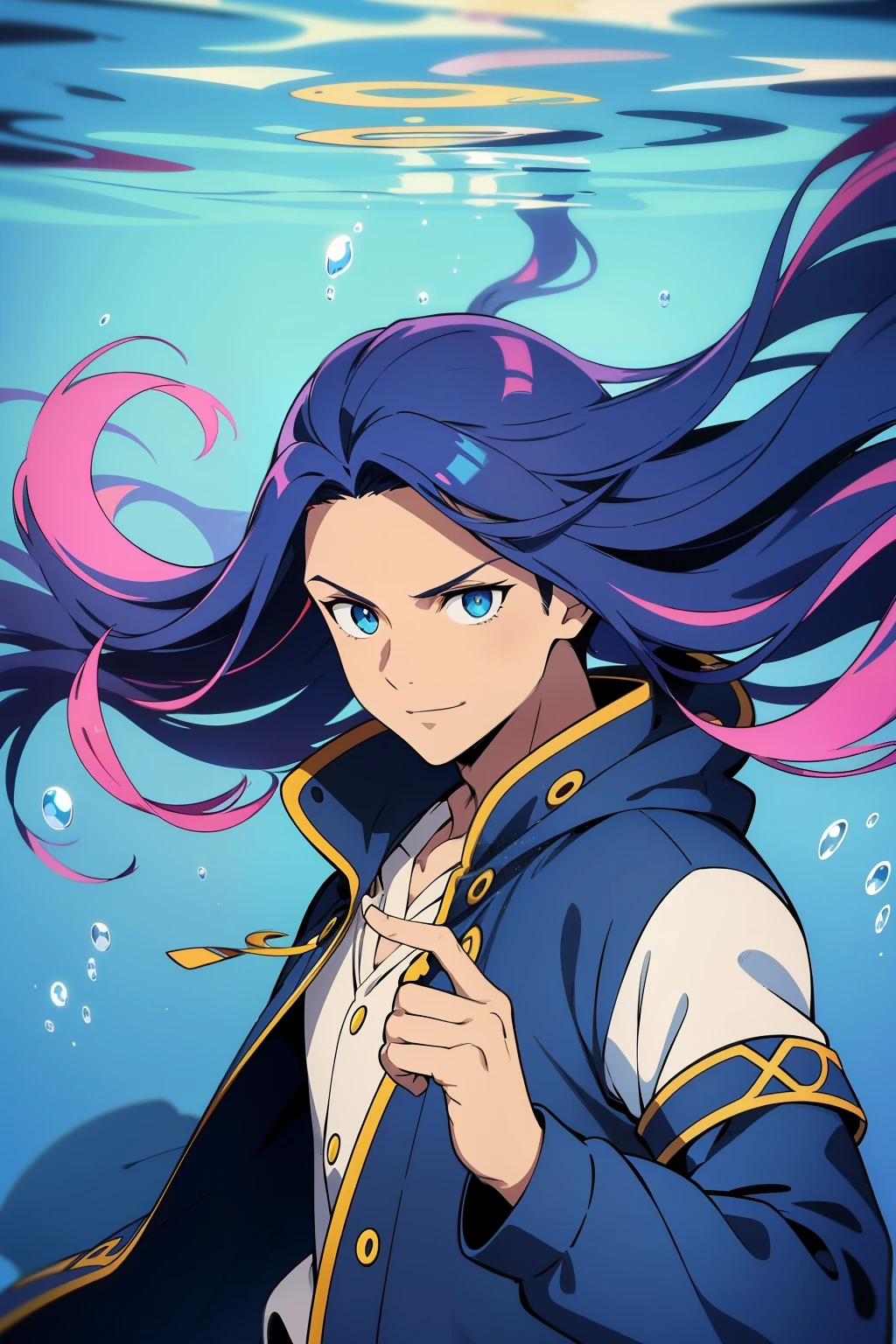 (high-quality, breathtaking),(expressive eyes, perfect face) 1boy, male, solo, ager, Symmetrical Eyes, portrait, gradient hair color, floating hair, levitating hair, underwater, blue eye color, long hair length, positive expression, charming smile, shirt, hooded jacket, modern attire, adventurer profession, glow hair, multicolored hair, masculine face, masculine eyes, narrow eyes, upperbody, water, smoke like hair, hair like Eris sinbad, dark tanned skin, slightly brown skin color