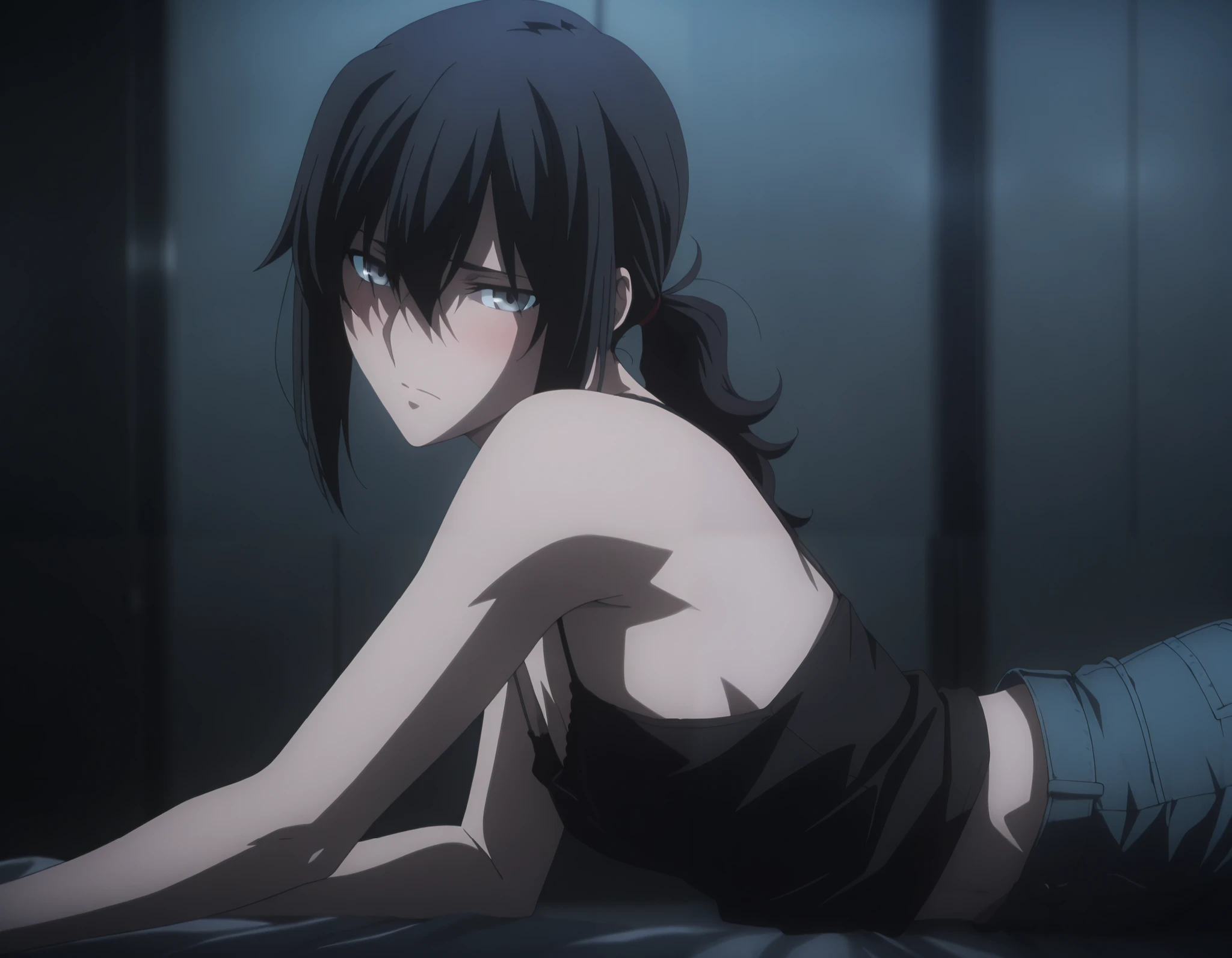 masterpiece, best quality, amazing quality, highres, absurdres, very aesthetic, high resolution, ultra detailed, perfect details, midnight, ,indoors, (upper body), ufotable style, dark room,, (from side), ,
1girl, solo, ufotable style, anime style, (anime coloring:1.5), (anime screencap:1.2) ,(aged up:1.4),
girl, mature, ToukoAozaki,, slim body, slender body, ,Fate Grand Order, fate, Fate Grand Order, medium hair, (straight hair, low ponytail), light gray eyes, half eyes closed, black hair, on side, (undress black camisole pull), denim pants, (small breast, flat chest), (looking at viewer), embarrassed, blush,