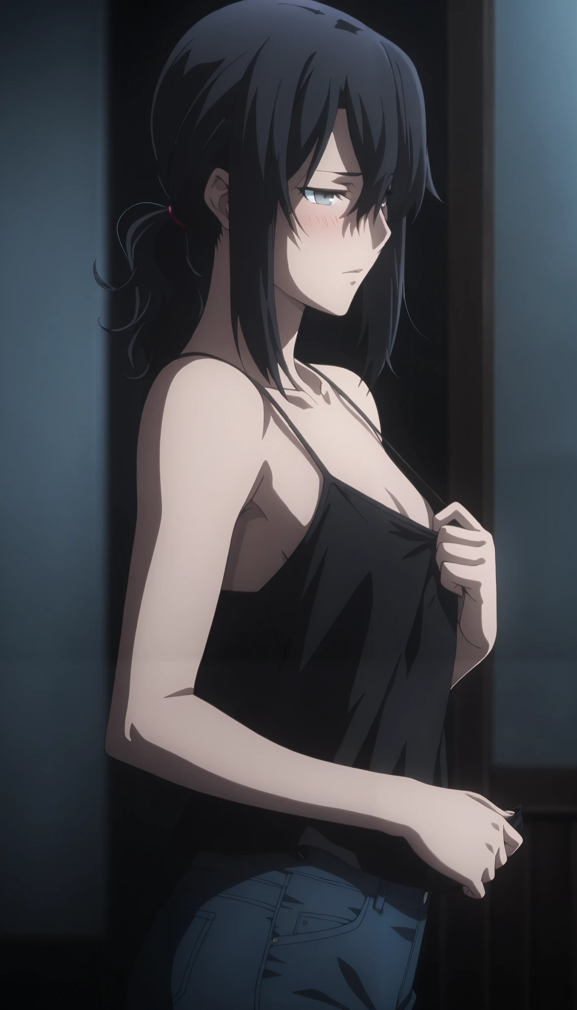 one woman,(((Please close your eyes completely))), sagiriyamadaasaemon, Sagiriyamada Asaemon, long hair, black hair, ponytail, high ponytail, (Closed eyes:1.5), (((naked))),Medium chest,(((white panties))),(Perfect little nipples),adult woman,Perfect tummy,close your eyes, Perfect navel,(((blush))),Upper body,(((troubled eyebrows))),slim thighs, in the forest, white panties ,open your mouth, , (((sit))), (open your mouth), (((sit))),face turns red, (masterpiece:1.2), highest quality, High resolution, unity 8k,, (open your mouth), highly detailed face, perfect lighting, Very detailed CG, (perfect hands, perfect anatomy), (anime)