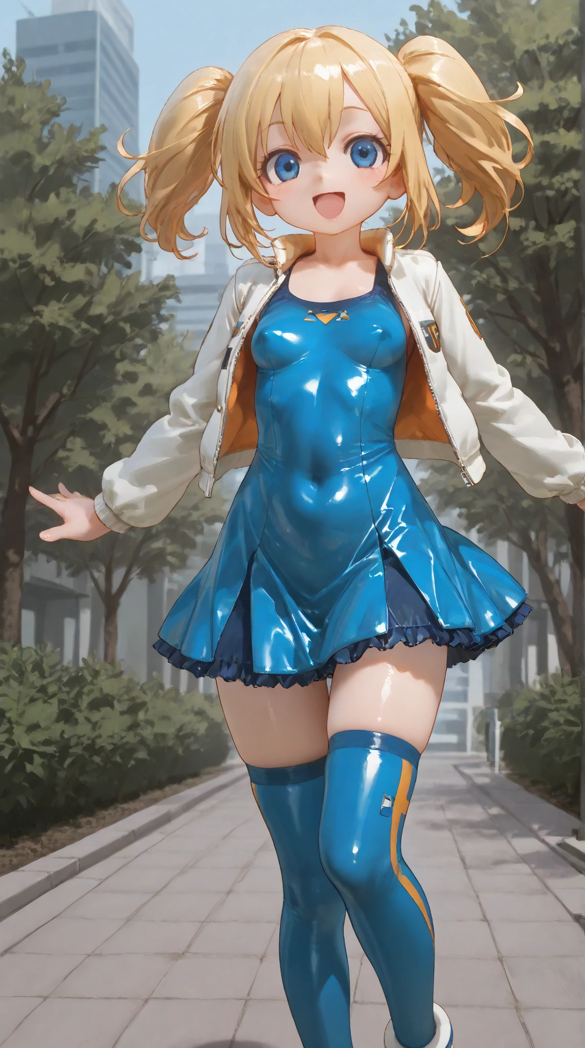 (((blue delmo uniform, blue latex pencil skirt, extremely glossy latex)))