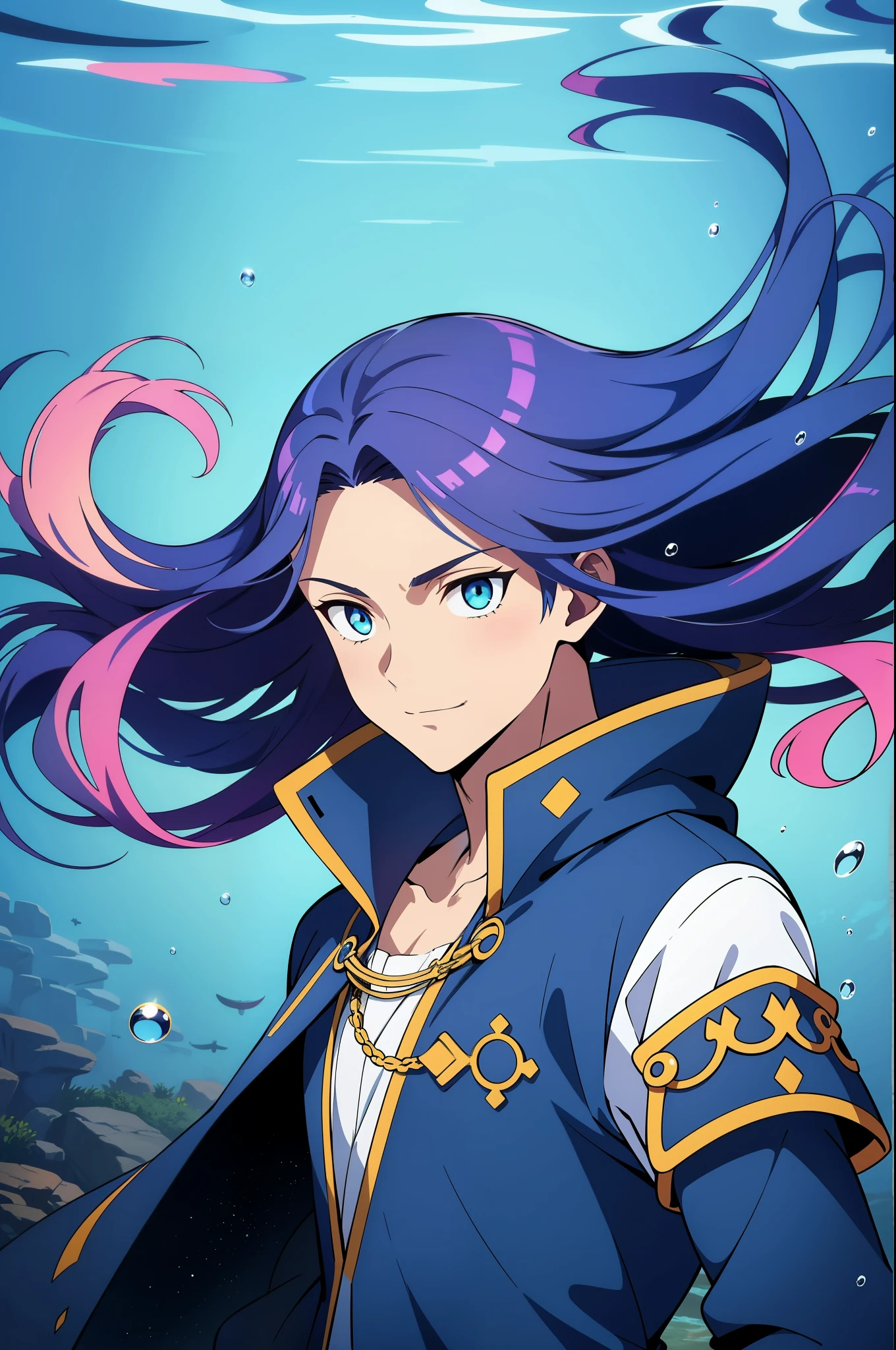 (high-quality, breathtaking),(expressive eyes, perfect face) 1boy, male, solo, ager, Symmetrical Eyes, portrait, gradient hair color, floating hair, levitating hair, underwater, blue eye color, long hair length, positive expression, charming smile, shirt, hooded jacket, modern attire, adventurer profession, glow hair, multicolored hair, masculine face, masculine eyes, narrow eyes, upperbody, water, smoke like hair, hair like Eris sinbad, dark tanned skin, slightly brown skin color