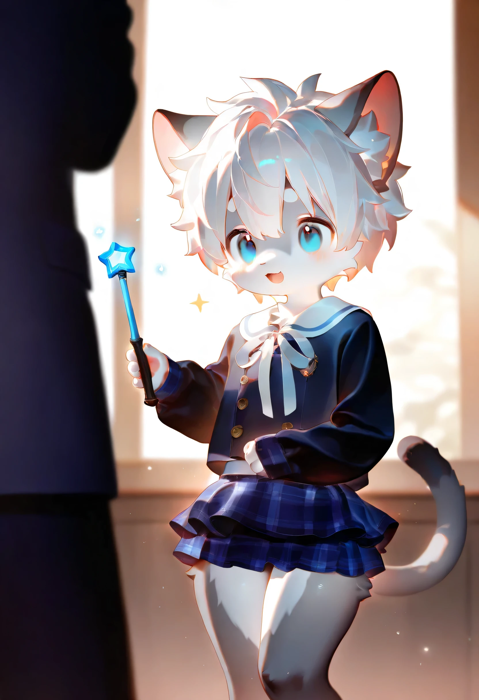 (LV1 _ Rubily ), xi410, 748 cm , alens , Nyalia , Advantages , 1 boy , unique , furry, cute, beast, masterpiece, best quality, Very Detailed,white hair and gray fur , cat,,participate, furry毛 ,trend,Dressed like a magical ager,Mini Skirt, Magic Wand