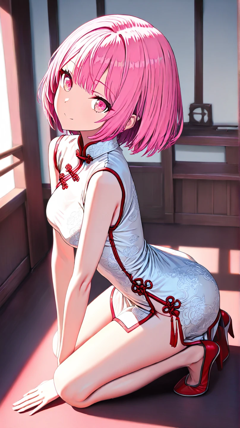 (nfsw:1.2),(1 girl),(Best Picture Quality, 8K, Masterpiece:1.3), (high school student:1.5), ((pink lob hair:1.1)), (bob cut),(swept bangs), (cute eyes, pupil black, iris skyblue, youthful face), (mole under right eye), (standard weight), (small breasts),(pink chinesedress), (glistening skin:1.1),looking at viewer, shy, (panty pull:1.3), sitting, (Beijing:1.2)