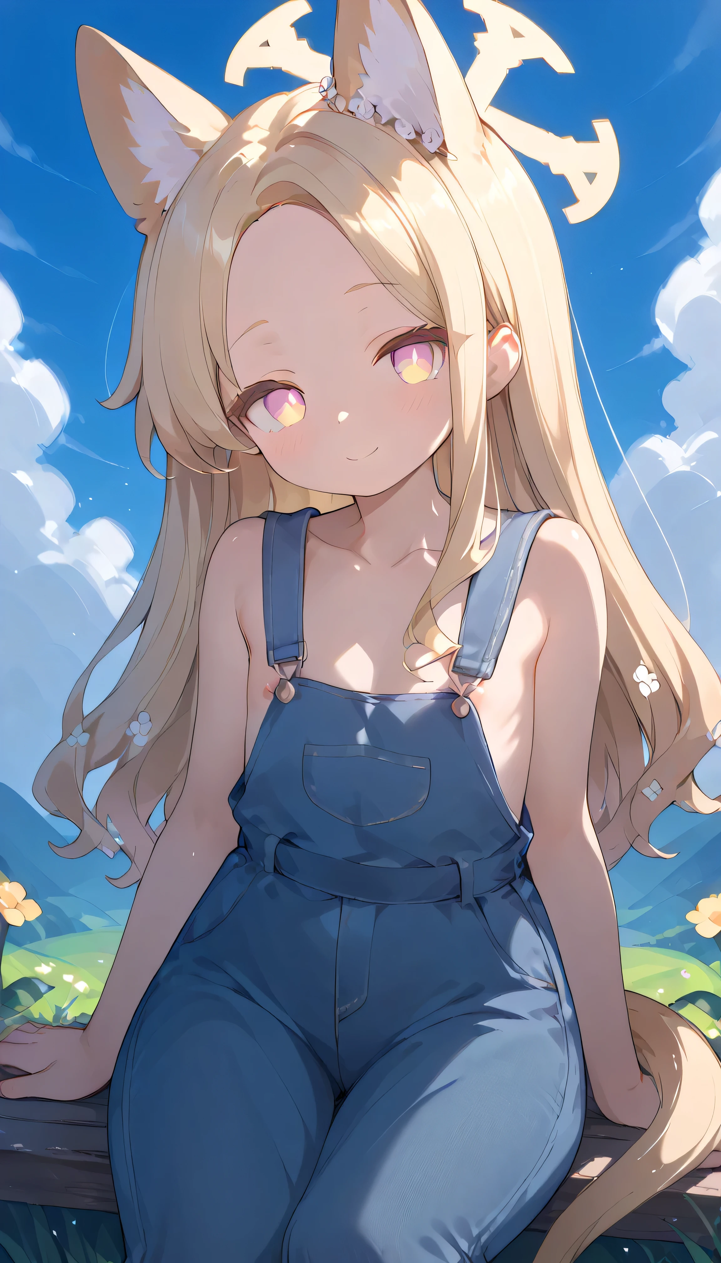 Until (blue archive) multicolored eyes, blonde hair,long hair,animal ears,halo,forehead, , tail,　flat chest, alone,  showing eyebrows from inside the hair , viewers, masterpiece, highest quality, very aesthetic, thick thighs,　Outdoors　blue sky　Flower Field　麦わら帽子
naked overalls, overalls, sideboob, cleavage,   areola,　smile　Sit on the bench　sit
