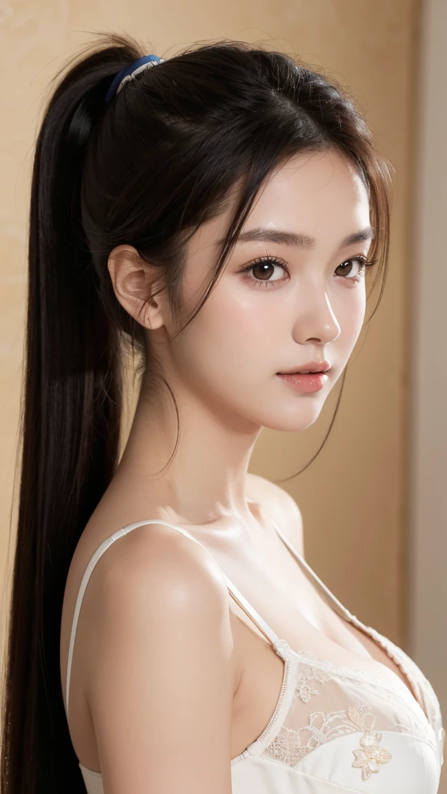 Lipstick in hand,Cosmetics commercial style,Commercial filming studio,close up face,fully body photo,masutepiece, The highest image quality, High quality, the background is clear，Beautiful woman, Japanese, Detailed, Ultra-detailed, finely detail, hight resolution, 8K Wallpaper, Perfect dynamic composition, Beautiful detailed eyes ,Detailed eyes, Detailed skin, Beautiful skin, 超hight resolution, (reality: 1.4),Very beautiful woman, Slightly younger face, Beautiful skin, slender, (Ultra photo realsisim), (hight resolution), (8K), (Very detailed) (beautifully detailed eyes), (super detailed),   (Detailed face), view the viewer, Fine details, Detailed face, Staring straight ahead, Staring straight ahead, photos realistic, Bright lighting, Professional Lighting, Black hair,poneyTail,a baby face,sixteen years old,Hairstyle: ponytail,Long ponytail hairstyle,slight smile,