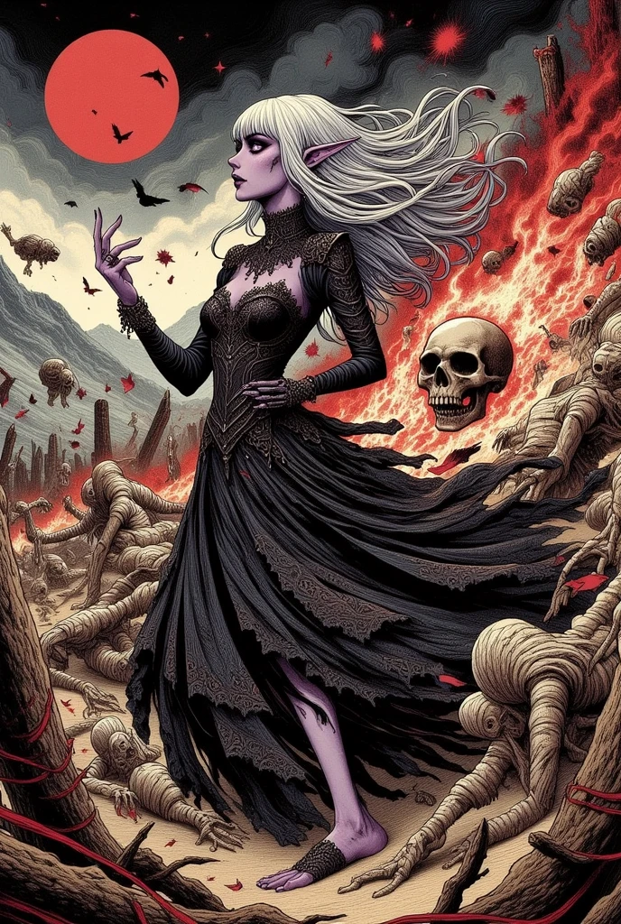 Portrait chest, girl wearing a dark dress in a gloomy cemetery, spooky atmosphere, full moon, bats flying around, Jack Skellington, Halloween town, glowing pumpkin lanterns, skeletal trees, haunted house, eerie shadows, Tim Burton style, black and white with pops of vibrant colors, eerie green light. (best quality,highres),dark and creepy landscape, gothic aesthetic, surreal and whimsical, haunted holiday