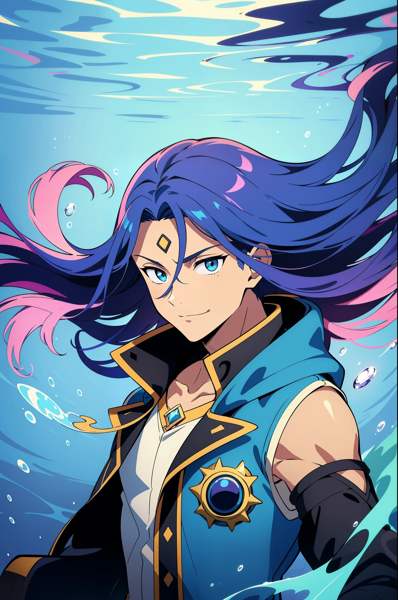 (high-quality, breathtaking),(expressive eyes, perfect face) 1boy, male, solo, ager, Symmetrical Eyes, portrait, gradient hair color, floating hair, levitating hair, underwater, blue eye color, long hair length, positive expression, charming smile, shirt, hooded jacket, modern attire, adventurer profession, glow hair, multicolored hair, masculine face, masculine eyes, narrow eyes, upperbody, water, smoke like hair, hair like Eris sinbad, dark tanned skin, slightly brown skin color