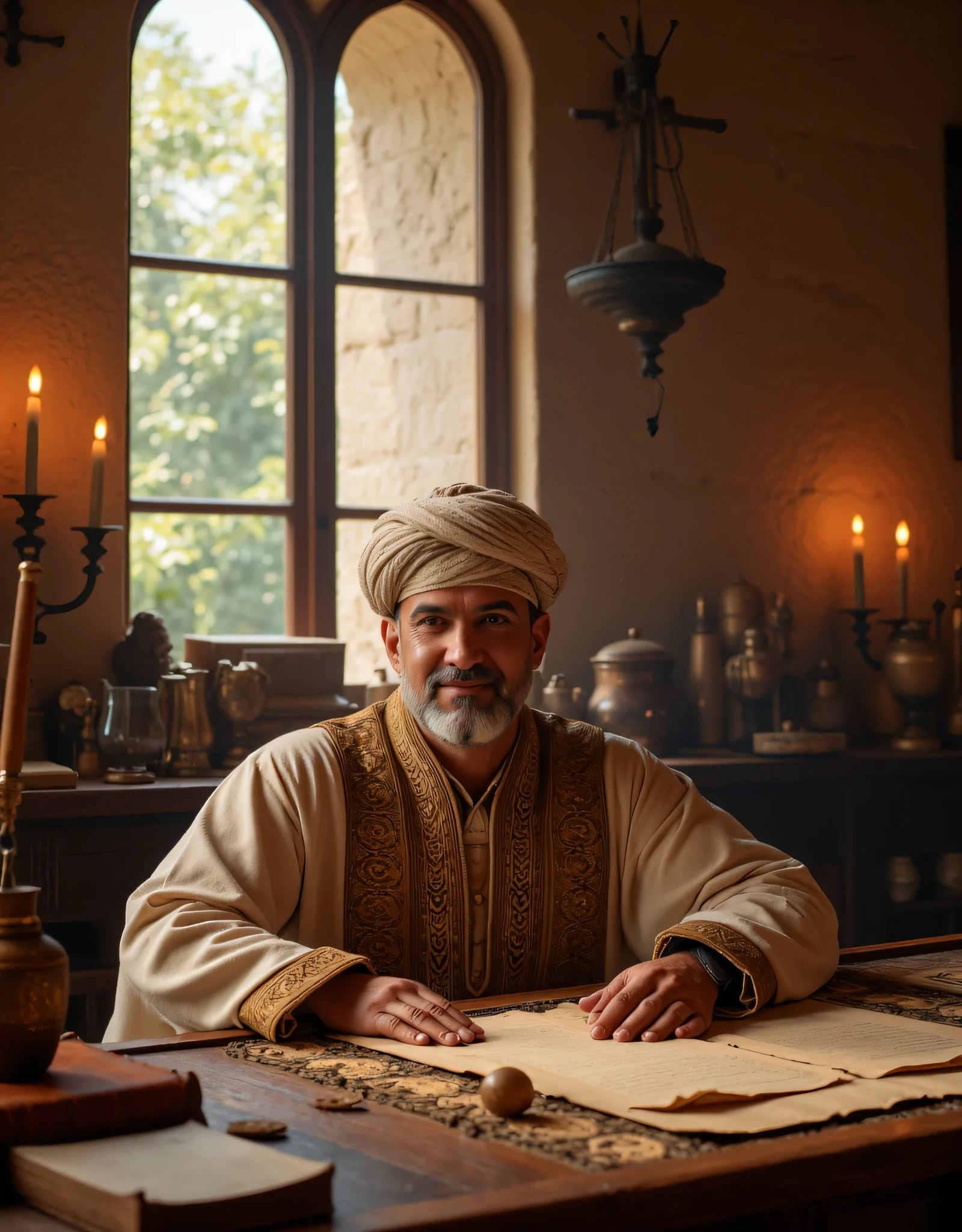 **Prompt:** Imagine a vivid tapestry of medieval medicine within a historic hospital that feels like a gateway to another era. This enchanting space is filled with ancient medical instruments, towering shelves of timeworn herbs, and the soft flicker of candlelight that dances upon the walls, casting enchanting shadows. At the center of this captivating setting sits a distinguished middle-aged Arab physician, whose elaborate embroidered Arabic robe and traditional turban speak volumes about his deep cultural heritage. He is focused intently on a grand, elongated table, which is adorned with scrolls and an array of traditional herbal remedies, meticulously crafting a treatise with his ink brush. The golden hour light filters through tall, arched windows, illuminating his face as he bears a welcoming smile that echoes the charm of a blend between Tom Hardy, Tom Hanks, and Liam Neeson. The background is a treasure trove of historical medical tools, each whispering the wisdom of the past and hinting at the scientific wonders once discovered within these walls. Render this scene with hyperrealistic detail and medium-angle perspective, highlighting the rich textures of the wooden beams and leather-bound volumes compared to the gentle features of the physician. Utilize depth of field techniques to enhance the inviting ambiance, beckoning the viewer to delve into this realm of medical discovery and timeless knowledge. Create a visual narrative that embodies the serene, awe-inspiring atmosphere of this ancient sanctuary, reminiscent of a documentary, capturing the spirit of inquiry and the legacy of healing arts.