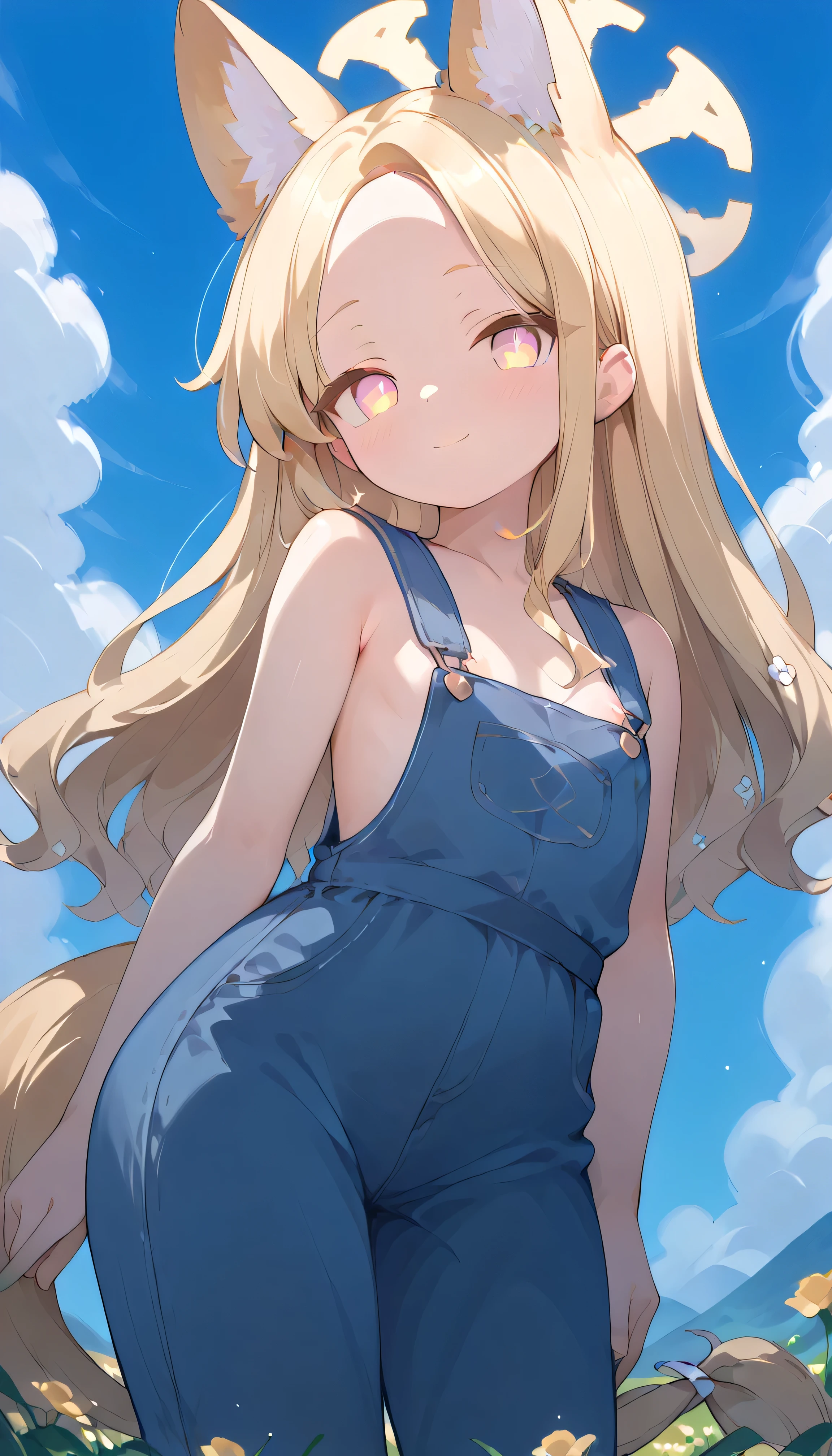 Until (blue archive) multicolored eyes, blonde hair,long hair,animal ears,halo,forehead, , tail, flat chest, alone, showing eyebrows from inside the hair , viewers, masterpiece, highest quality, very aesthetic, thick thighs, Outdoors blue sky Flower Field 麦わら帽子
naked overalls, overalls, sideboob, cleavage, areola, smile Sit on the bench sit