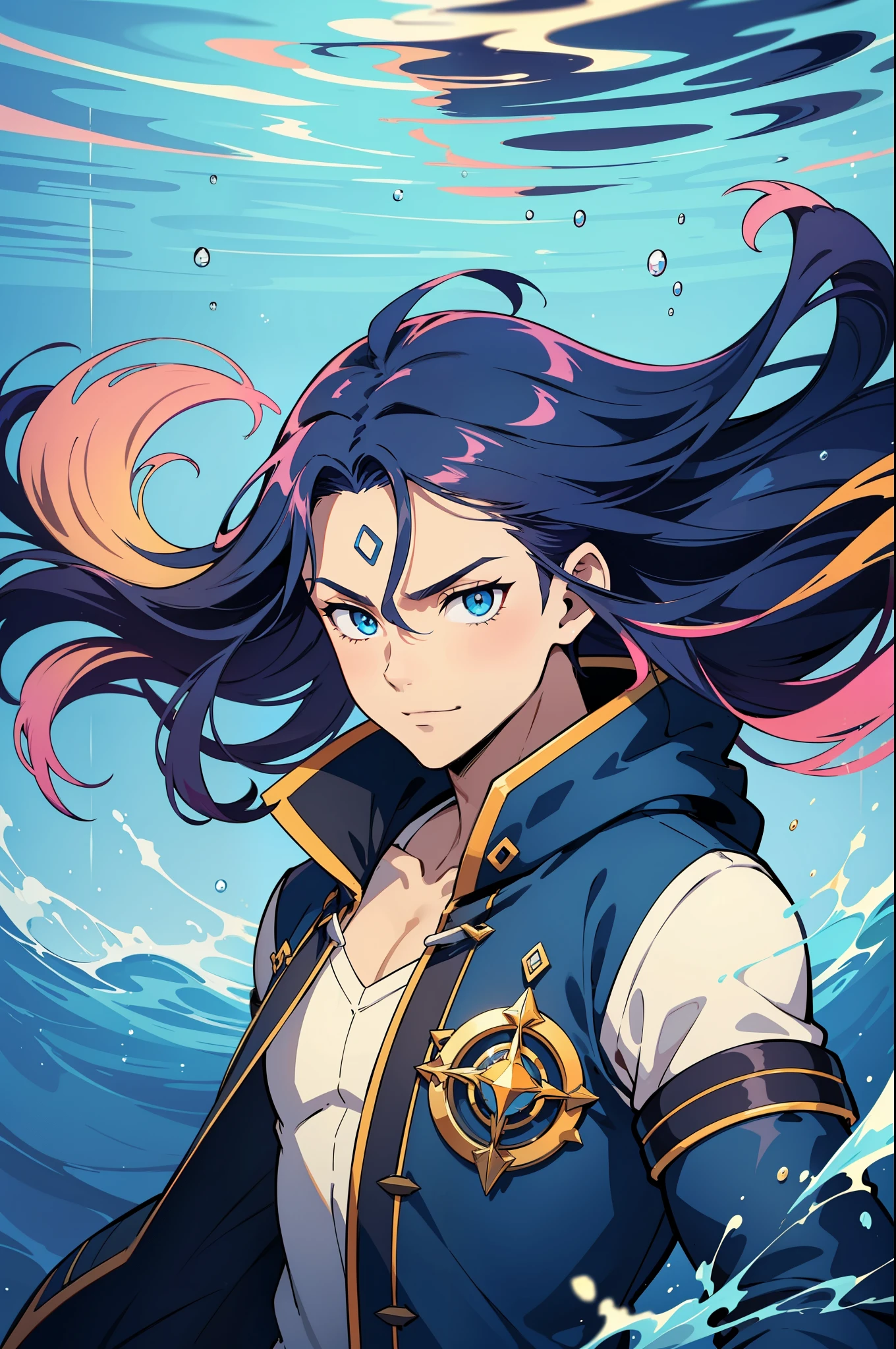 (high-quality, breathtaking),(expressive eyes, perfect face) 1boy, male, solo, ager, Symmetrical Eyes, portrait, gradient hair color, floating hair, levitating hair, underwater, blue eye color, long hair length, positive expression, charming smile, shirt, hooded jacket, modern attire, adventurer profession, glow hair, multicolored hair, masculine face, masculine eyes, narrow eyes, upperbody, water, smoke like hair, hair like Eris sinbad, dark tanned skin, slightly brown skin color