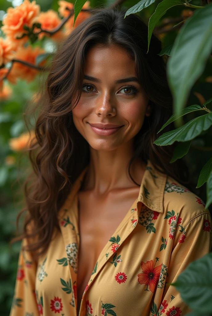 A Brazilian woman in a lush tropical garden, wearing an open shirt with a floral print, with a close-up capturing the harmonious beauty between her breasts and the natural flowers, showing off your natural charm and outgoing personality.