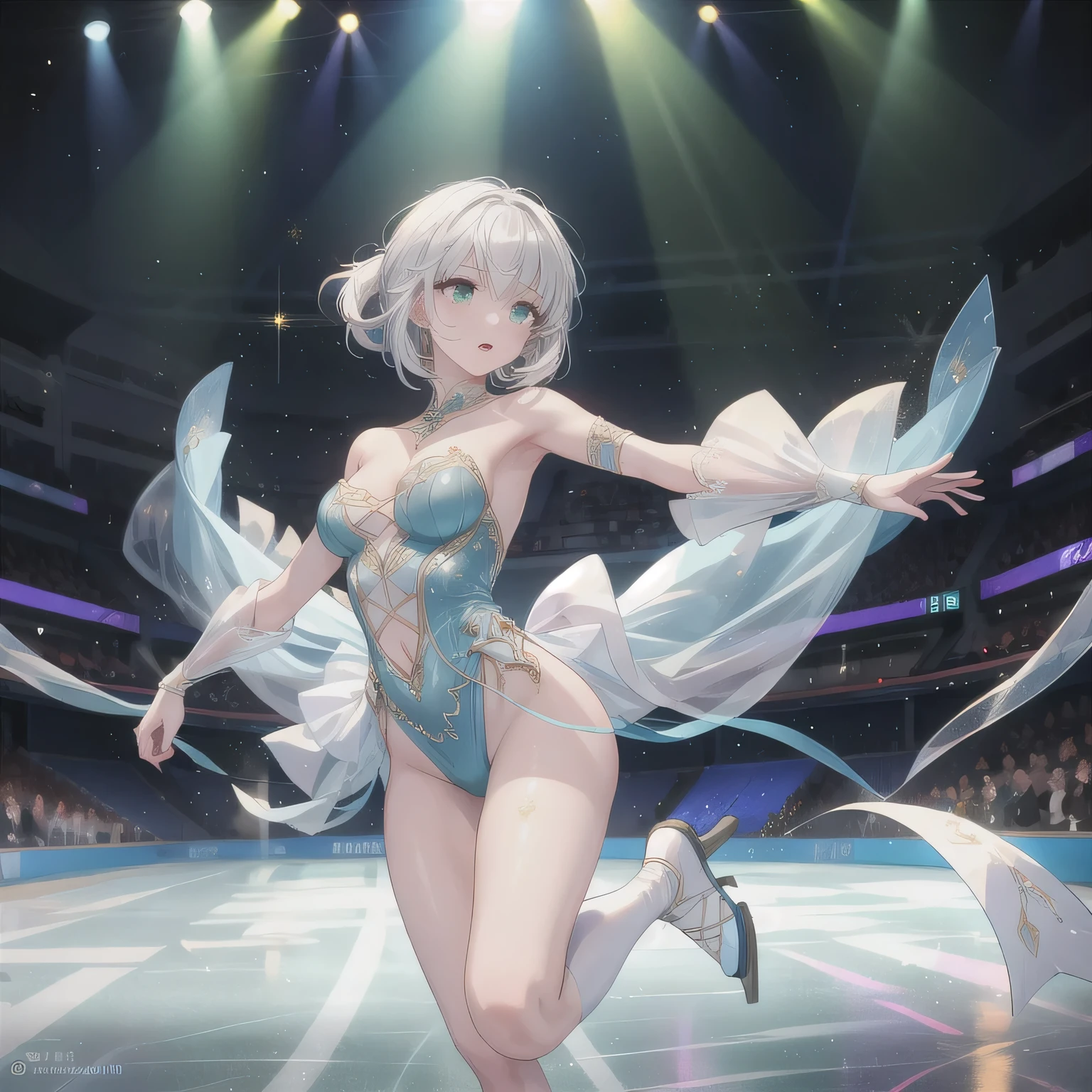 A breathtakingly beautiful 20-year-old woman glides dynamically across the ice rink, dressed in an exquisitely detailed and elegant figure skating costume. Her graceful movements exude both power and finesse as she carves intricate patterns into the ice. The soft arena lighting casts a gentle glow, highlighting the shimmering fabric of her outfit and the fluidity of her performance, creating a mesmerizing scene of beauty and athleticism. White hair, green eyes.